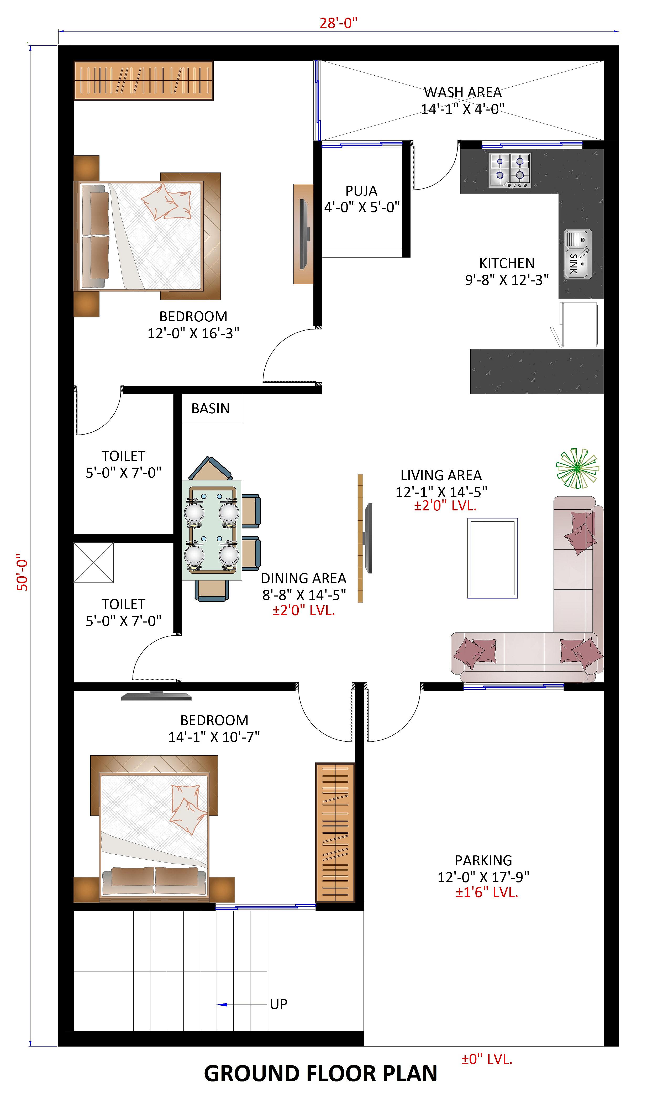 28X50 House Plan- 1400 sq ft Residential House Design at Anthiyur [TN]