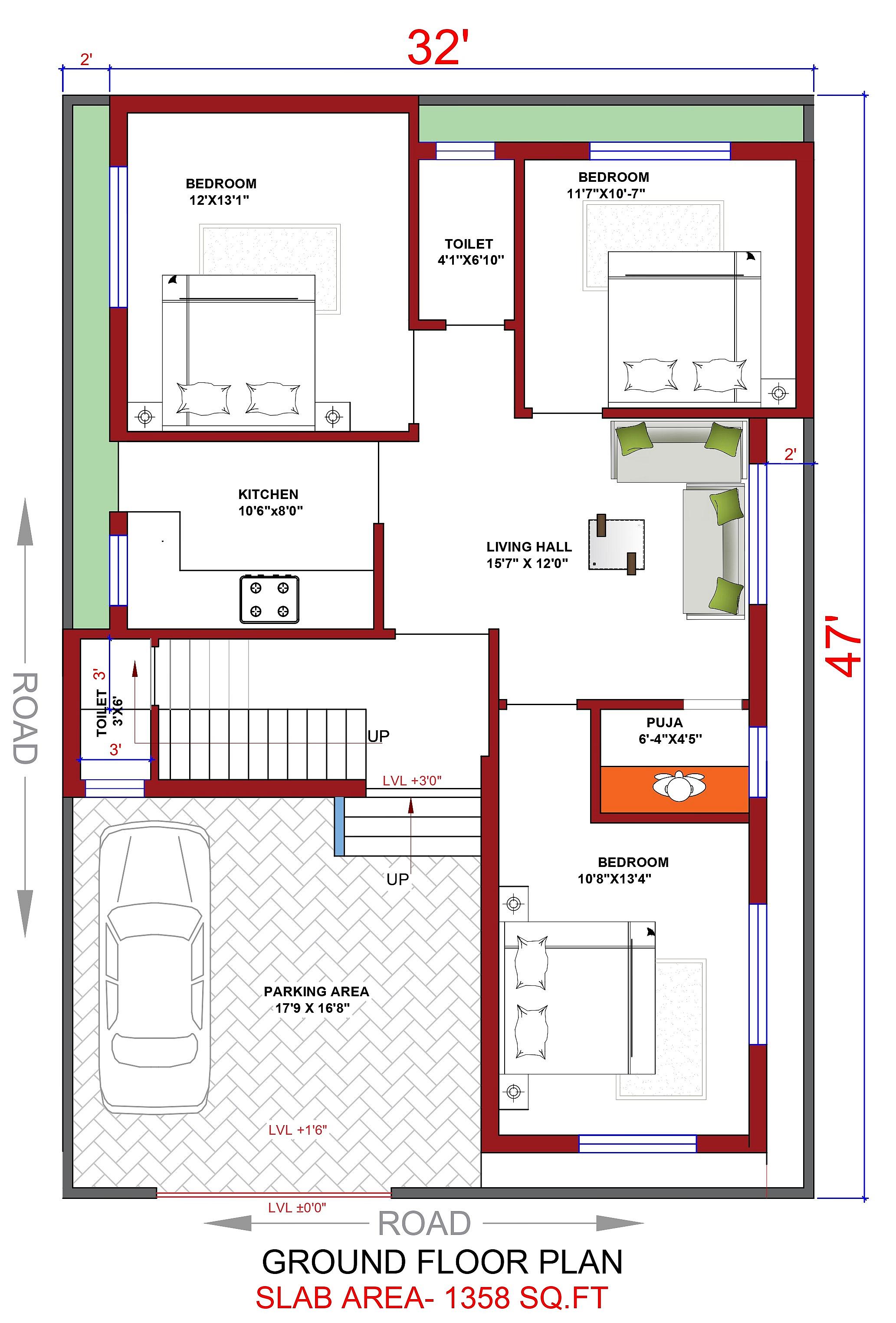 32X47 House Plan- 1504 sq ft Residential House Design at Bhagalpur thumbnail 2 — Project ID 6959