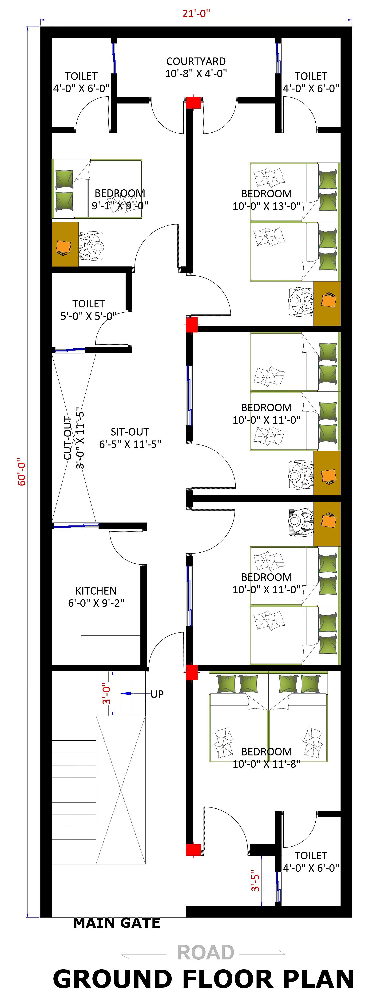 20X60 House Plan- 1200 sq ft Residential House Design at Jind thumbnail 2 — Project ID 6960