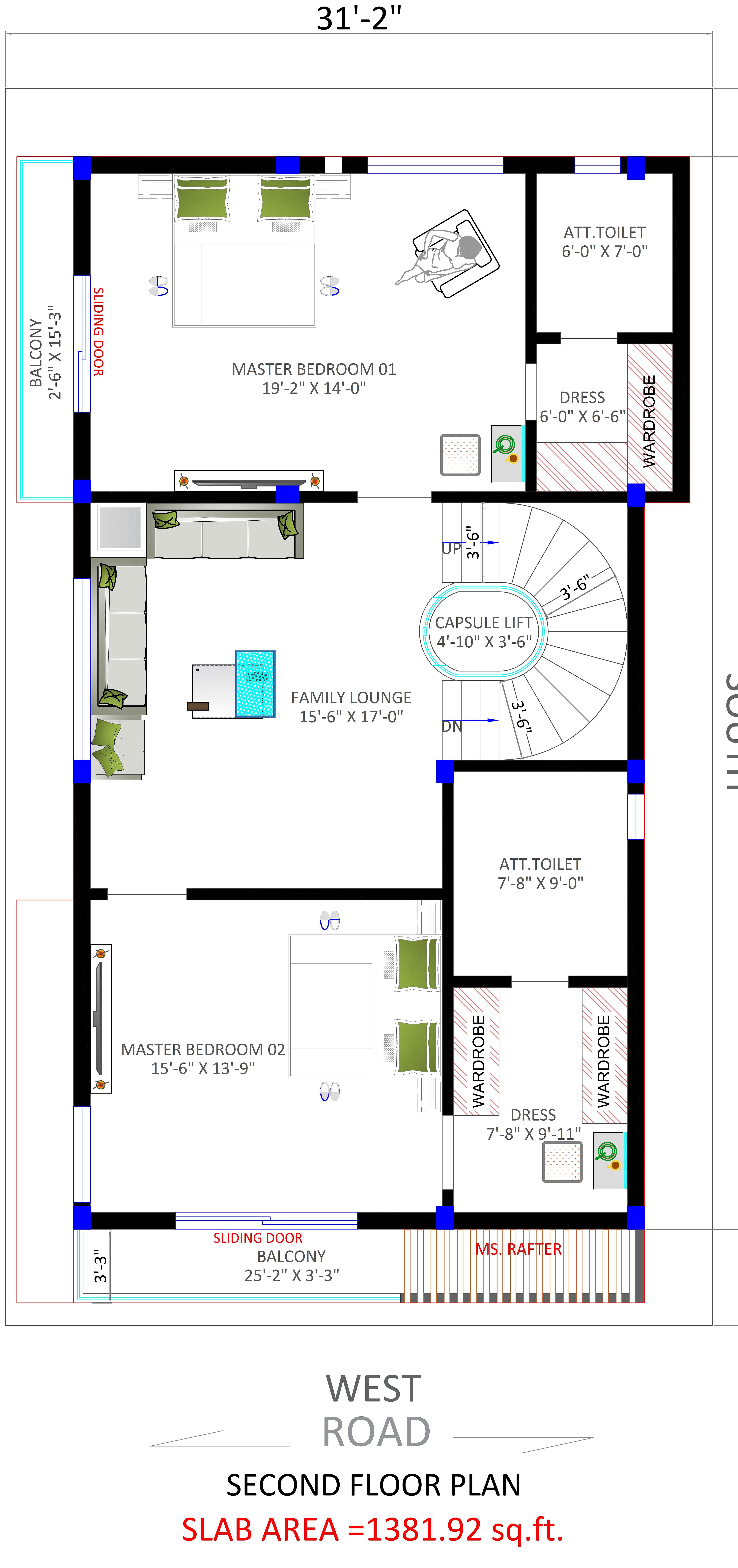 32X55 House Plan- 1760 sq ft Residential House Design at Bangalore thumbnail 3 — Project ID 6963