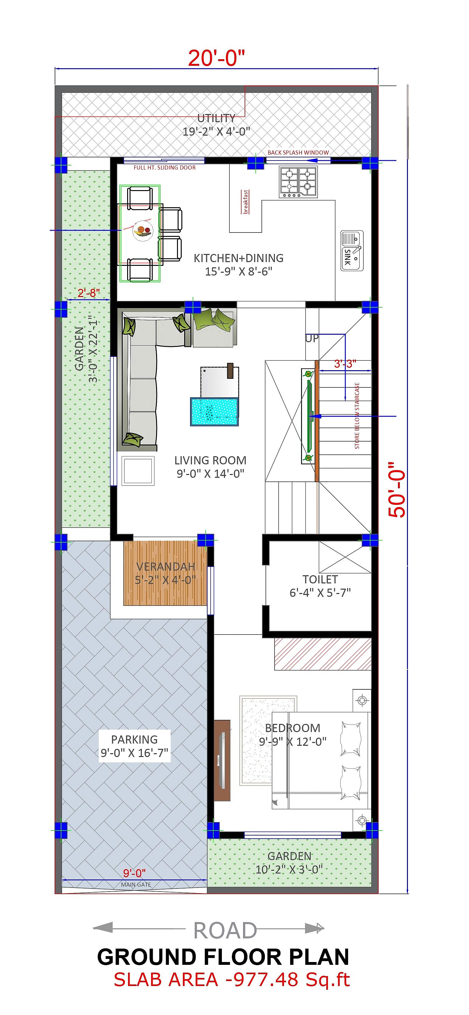 20X50 House Plan- 1000 sq ft Residential House Design at Durg thumbnail 4 — Project ID 6971