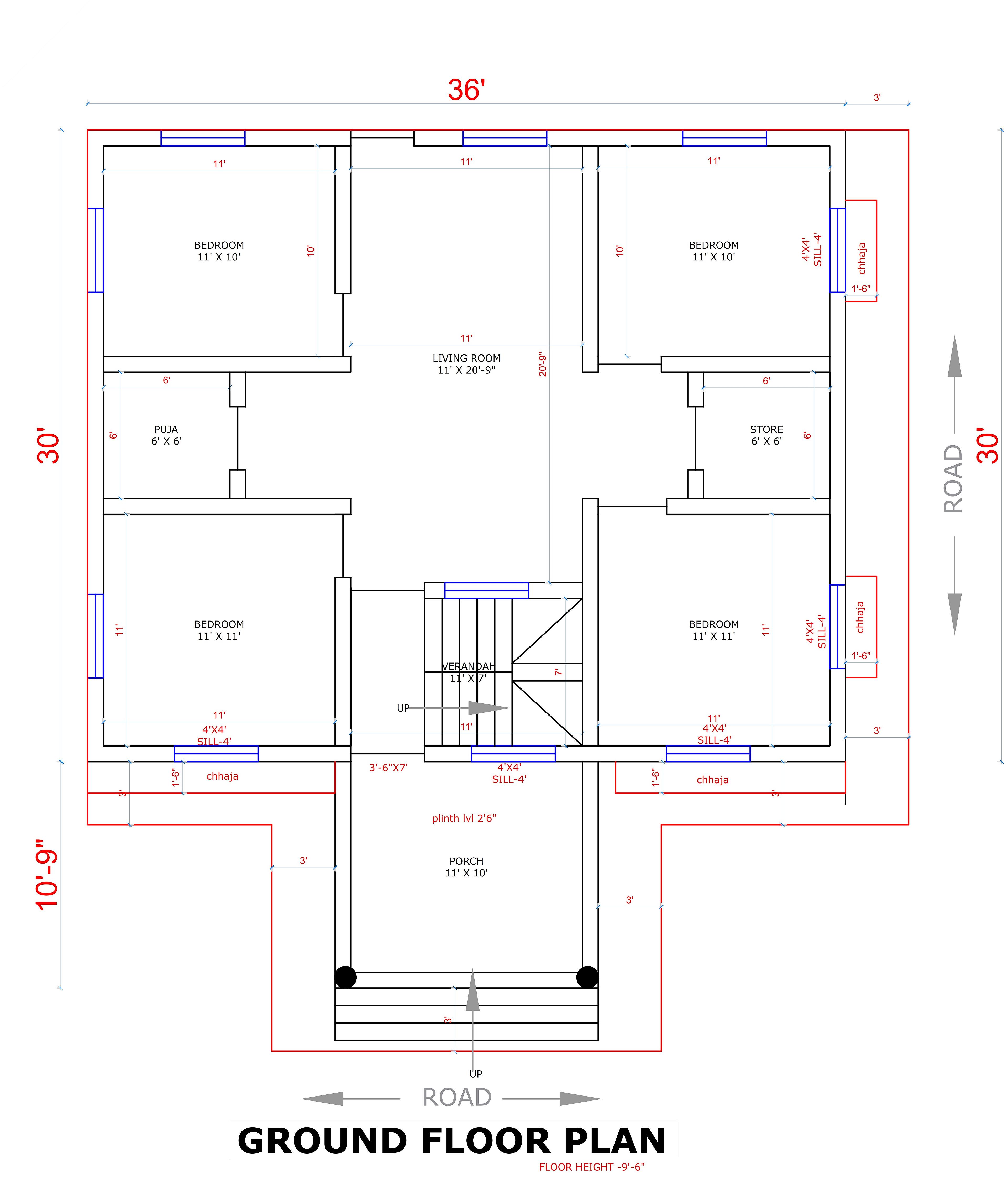 36X30 House Plan- 1080 sqft Residential House Design at Pudukkottai thumbnail 3 — Project ID 6988