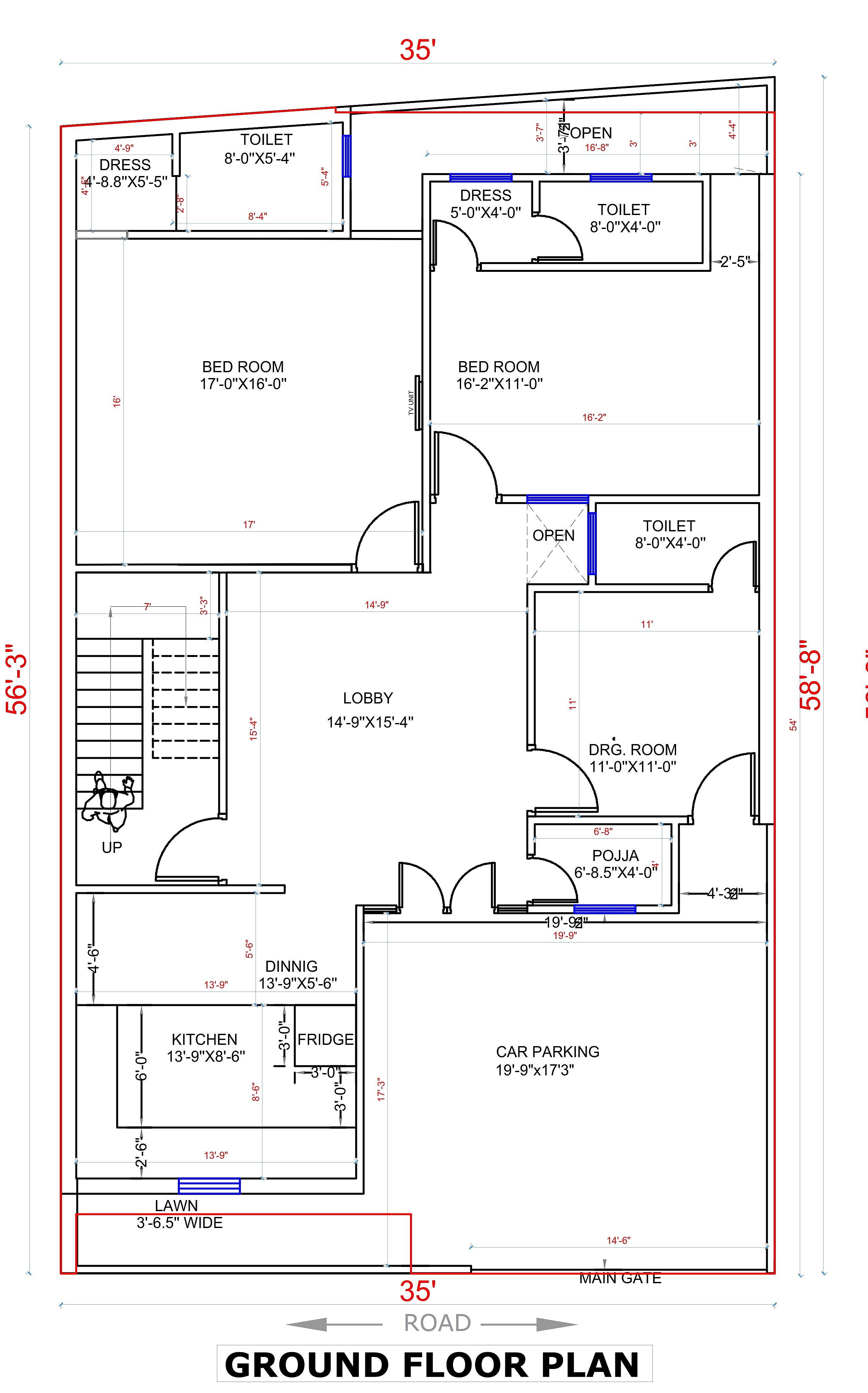 35X56 House Plan- 1960 sq ft Residential House Design at Ballia thumbnail 4 — Project ID 7018