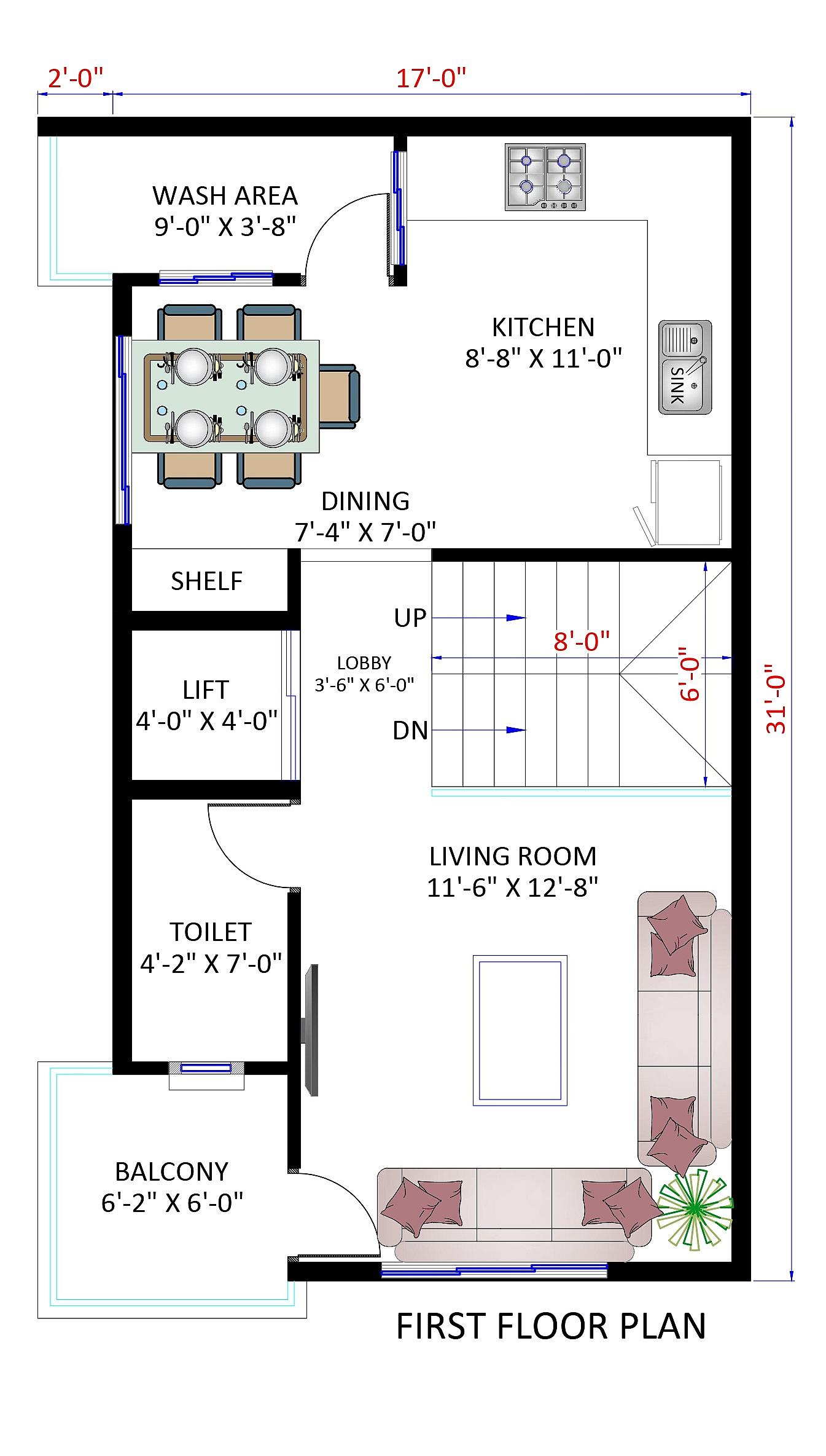 17X31 House Design with Shop Plan- 527 sq ft Residential Cum Commercial House Design at Bangalore thumbnail 3 — Project ID 7032