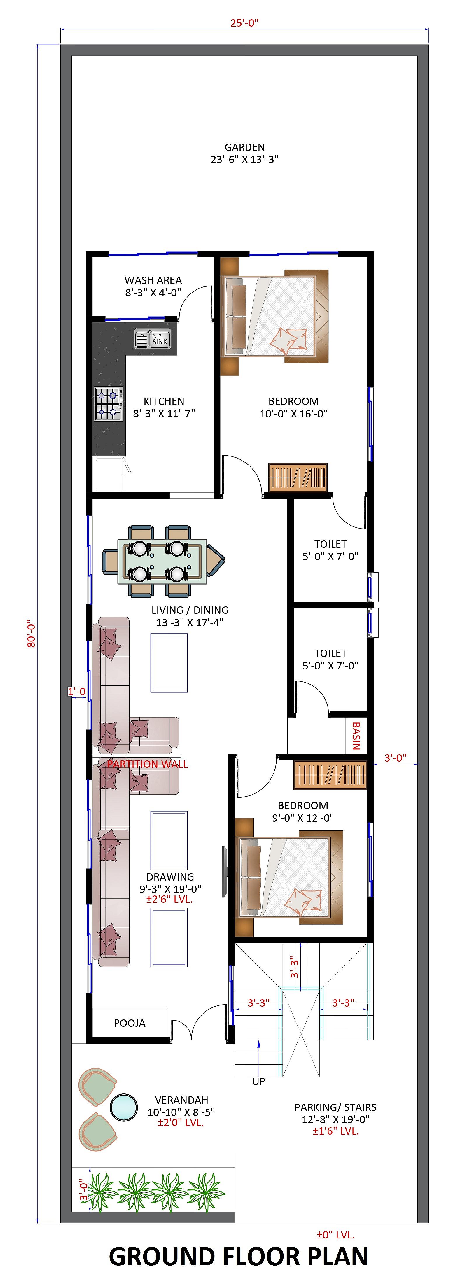 25X80 House Plan- 2000 sq ft Residential House Design at Ponnamaravathy [TN]