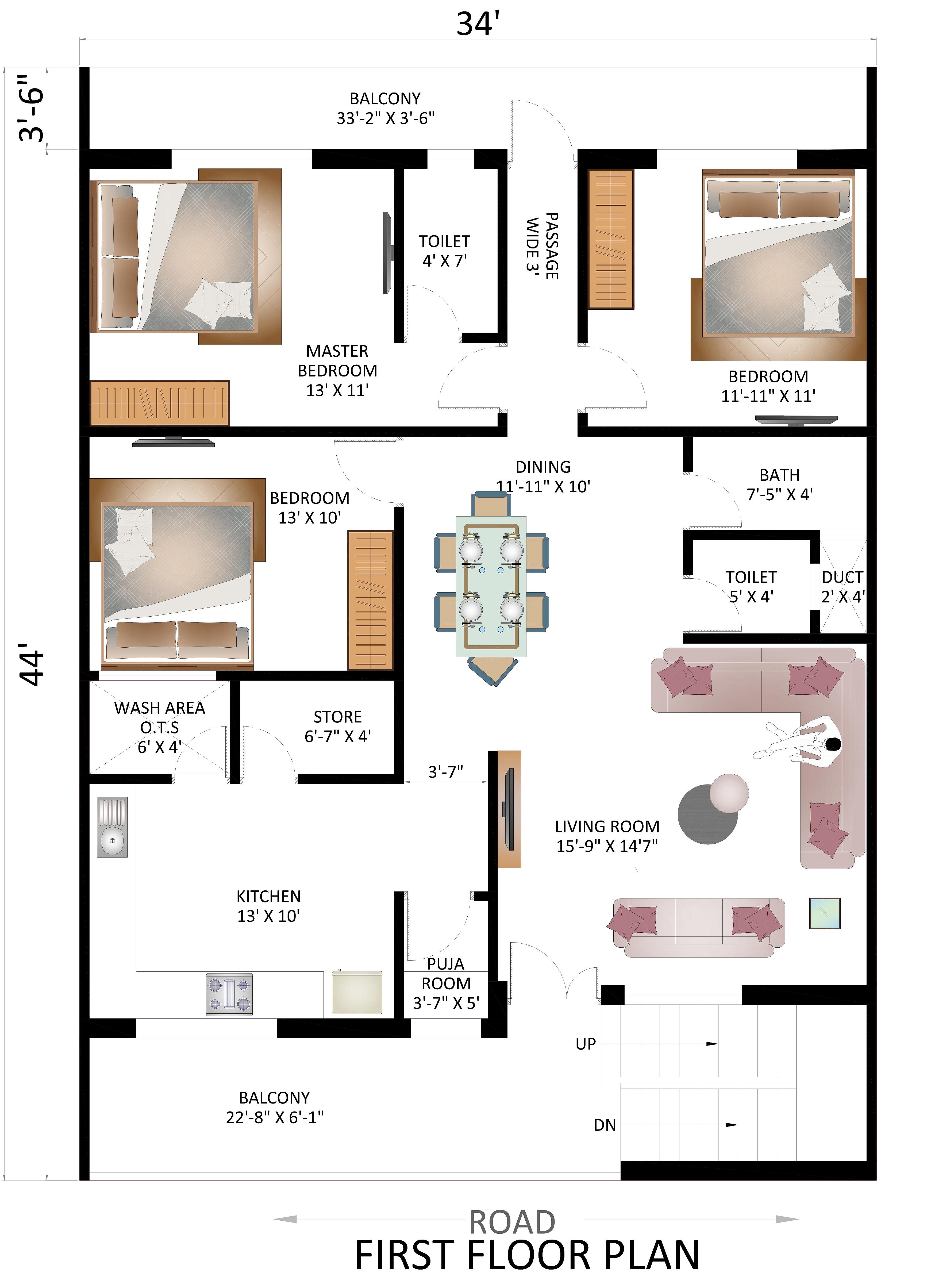 34X48 House Plan- 1632 sq ft Residential House Design at Gorakhpur thumbnail 2 — Project ID 7042