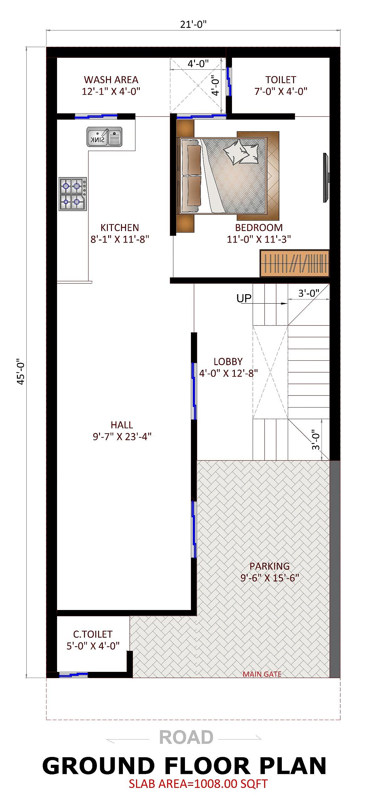 21X45 House Plan- 945 sq ft Residential House Design at Rewari thumbnail 2 — Project ID 7044