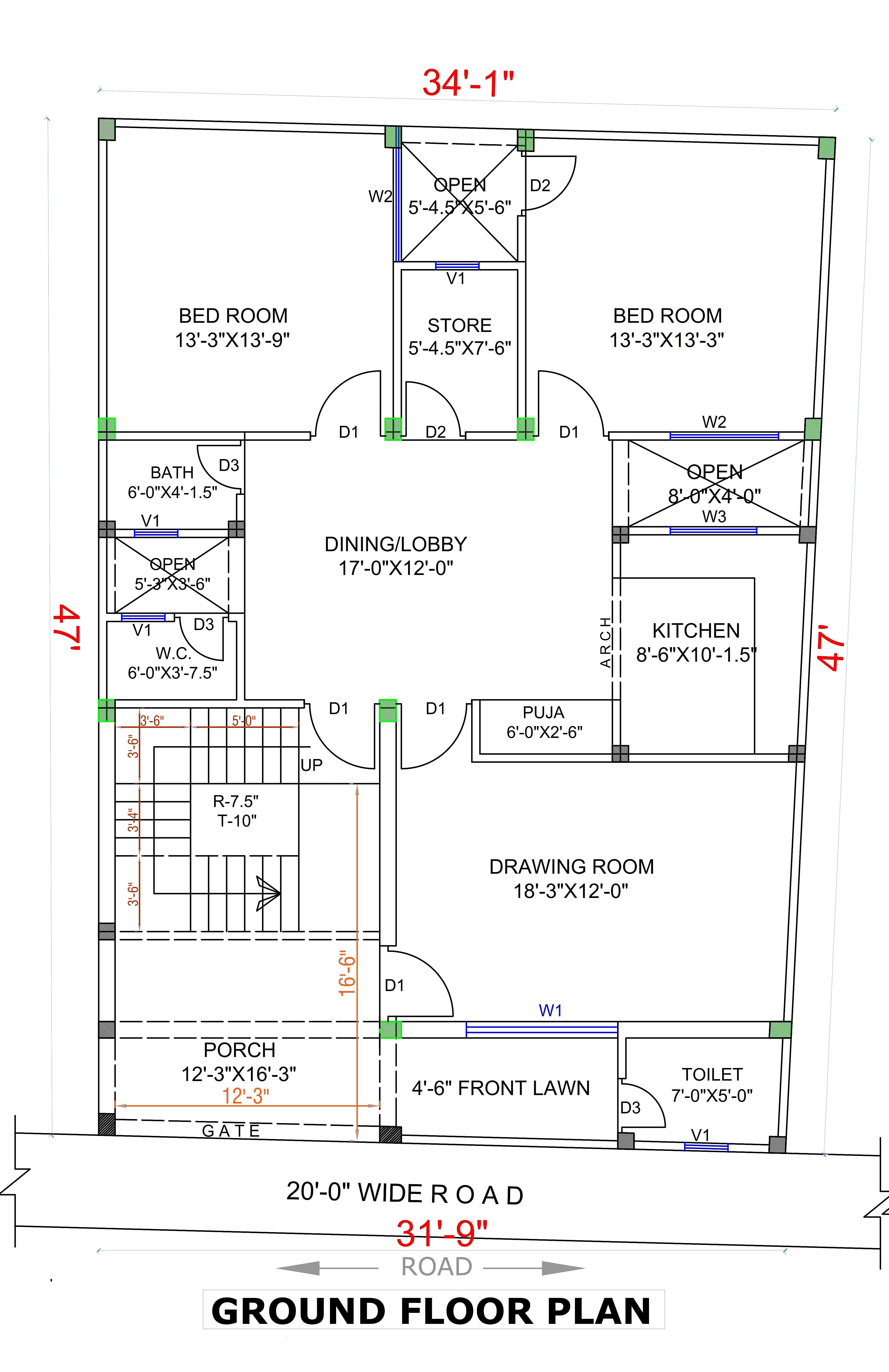 34X47 House Plan- 1598 sq ft Residential House Design at Lucknow thumbnail 3 — Project ID 7048