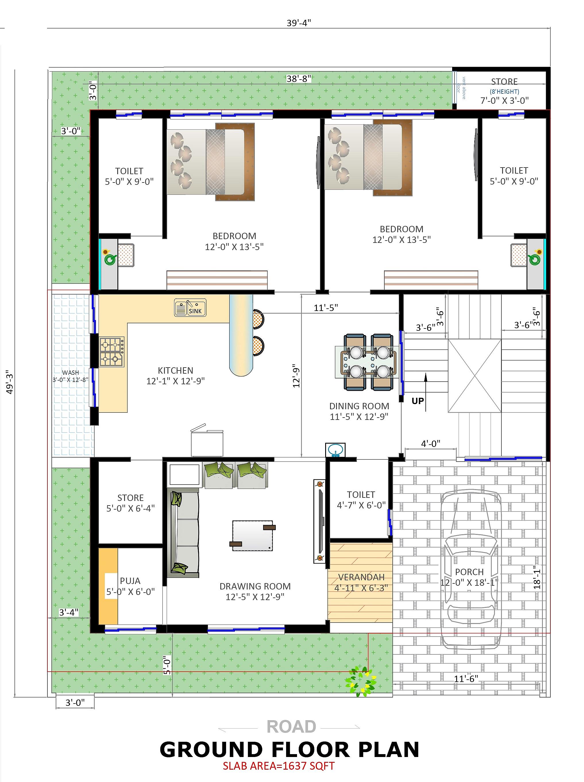 40X50 House Plan- 2000 sq ft Residential House Design at Raipur thumbnail 4 — Project ID 7051