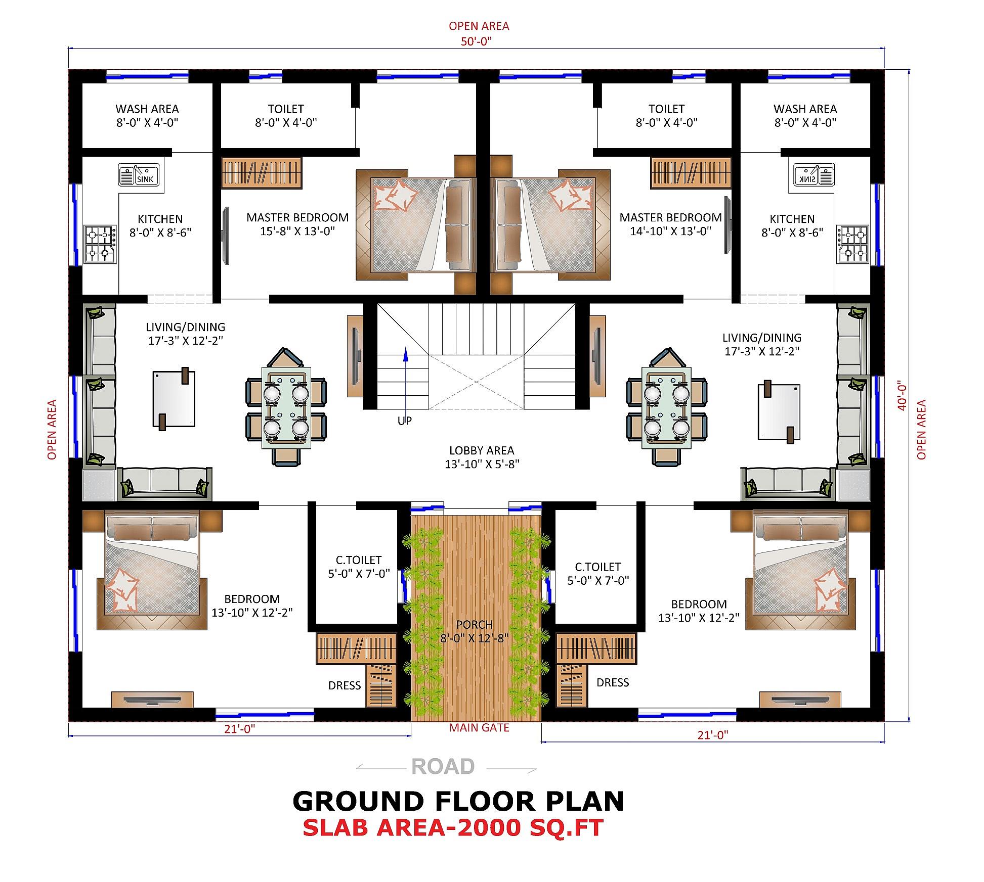 50X40 House Plan- 2000 sq ft Residential House Design at Chapra thumbnail 3 — Project ID 7052