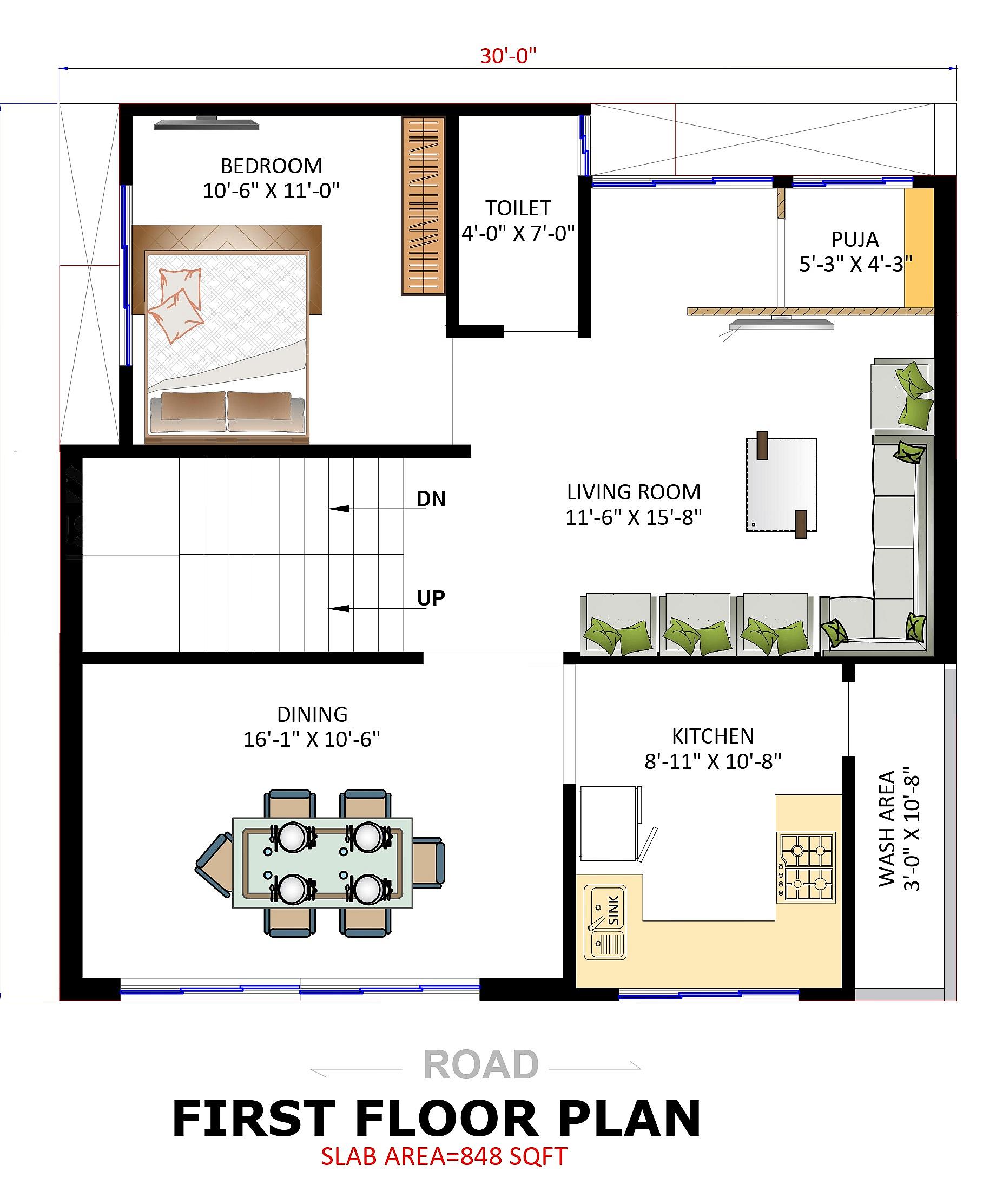 30X30 House Plan- 900 sq ft Residential House Design at Bangalore thumbnail 3 — Project ID 7054