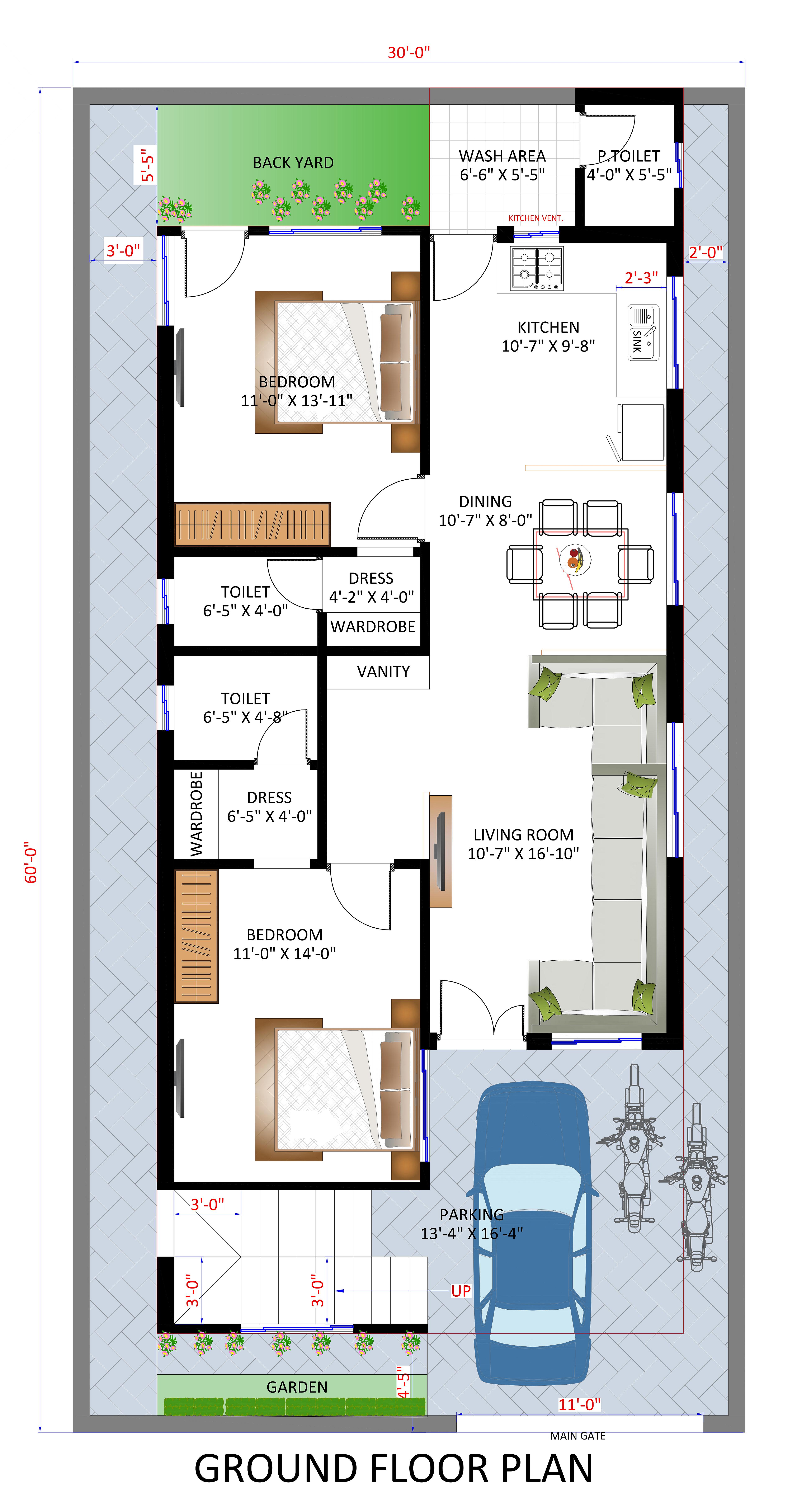 30X60 House Plan- 1800 sq ft Residential House Design at Srikakulam [AP]