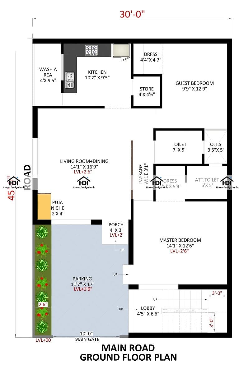 30X45 House Plan- 1350 sq ft Residential House Design at Sitapur thumbnail 3 — Project ID 7077