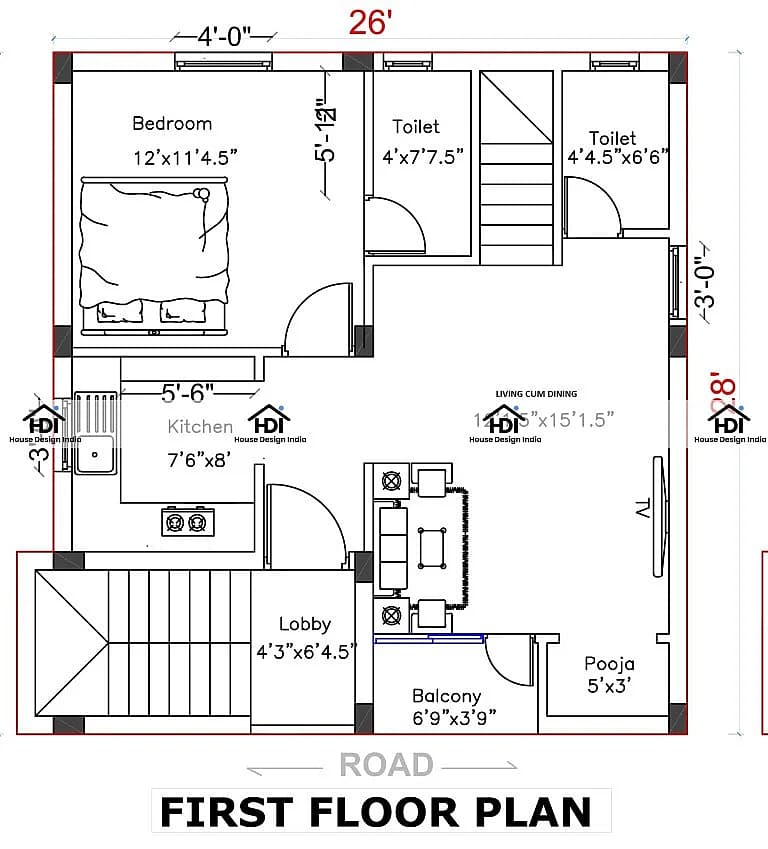 26X28 House plan- 728 sq ft Residential House Design at Chennai thumbnail 3 — Project ID 7089