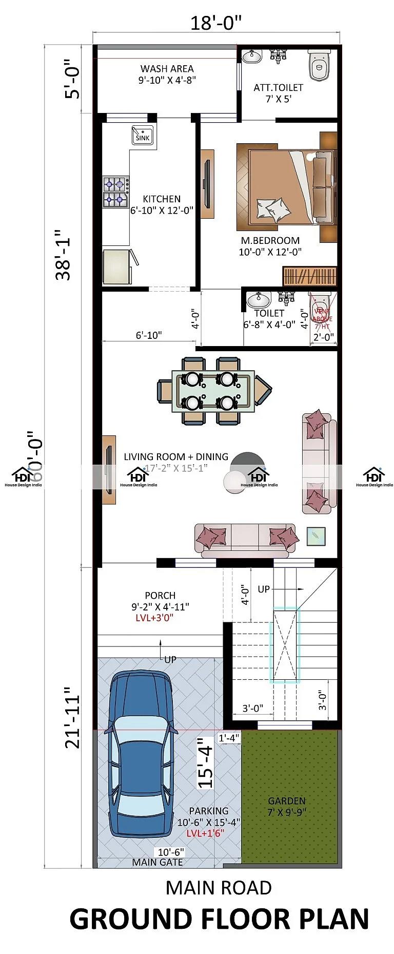 18X60 House Plan- 1080 sq ft Residential House Design at Bhopal [MP}