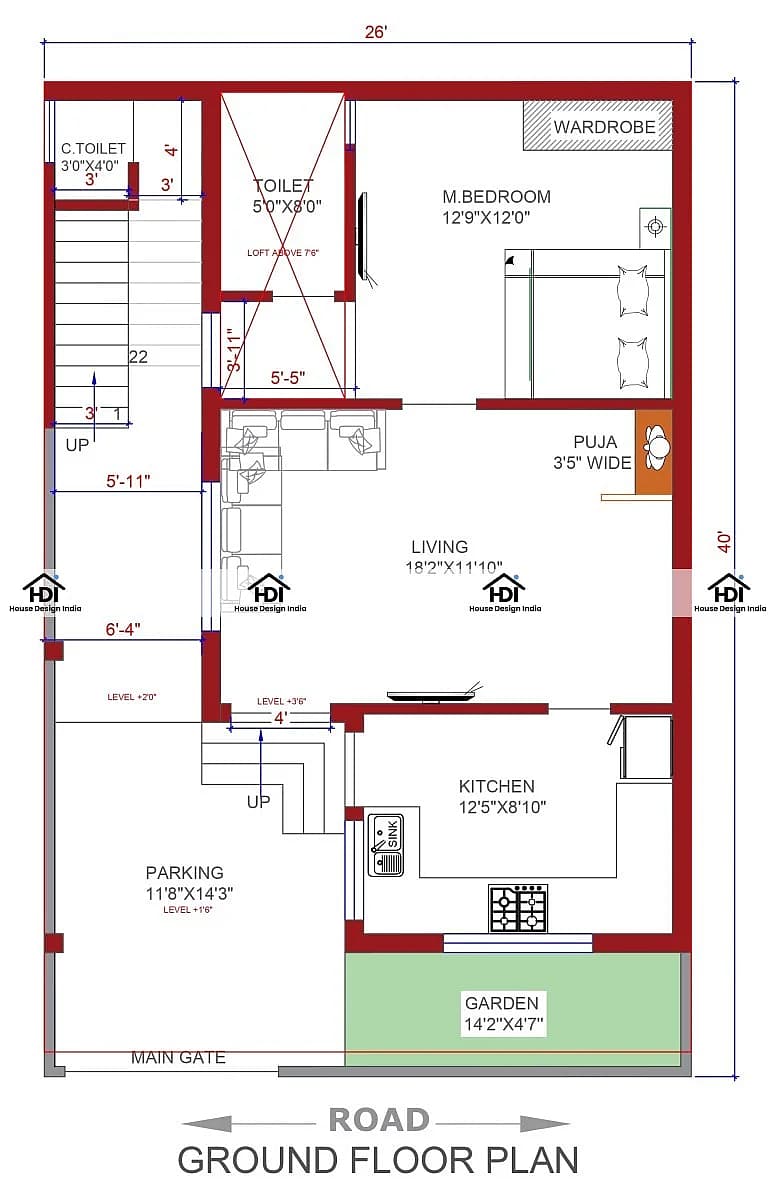 26X40 House Plan- 1040 sq ft Residential House Design at Ahmadabad thumbnail 3 — Project ID 7104
