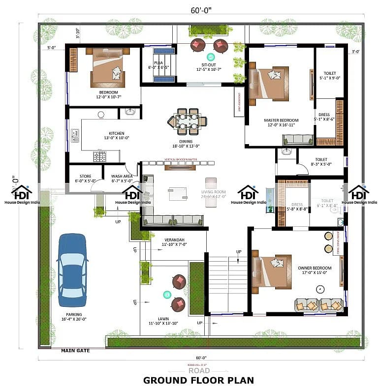 60X60 House Plan- 3600 sq ft Residential House Design at Bhilai [CH]