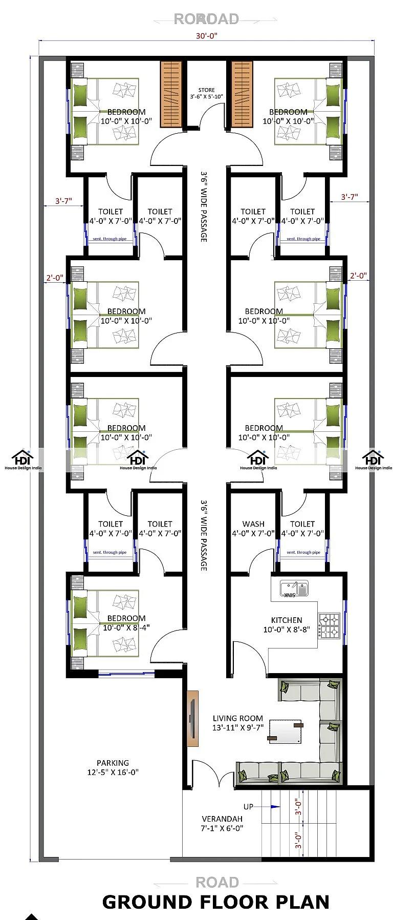 30X72 Hostel Plan- 2160 sq ft Commercial House Design at Mathura — photo 1 — Project ID 7141