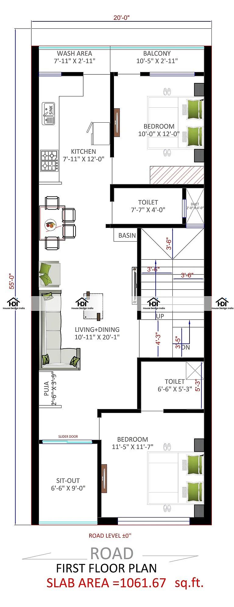20X55 House Plan- 1100 sq ft Residential House Design at Patna thumbnail 2 — Project ID 7143
