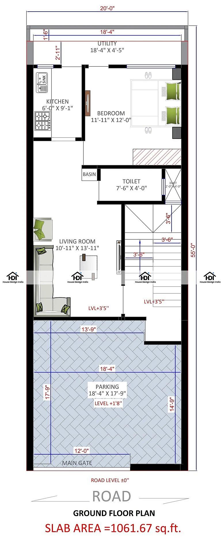 20X55 House Plan- 1100 sq ft Residential House Design at Patna [BR]