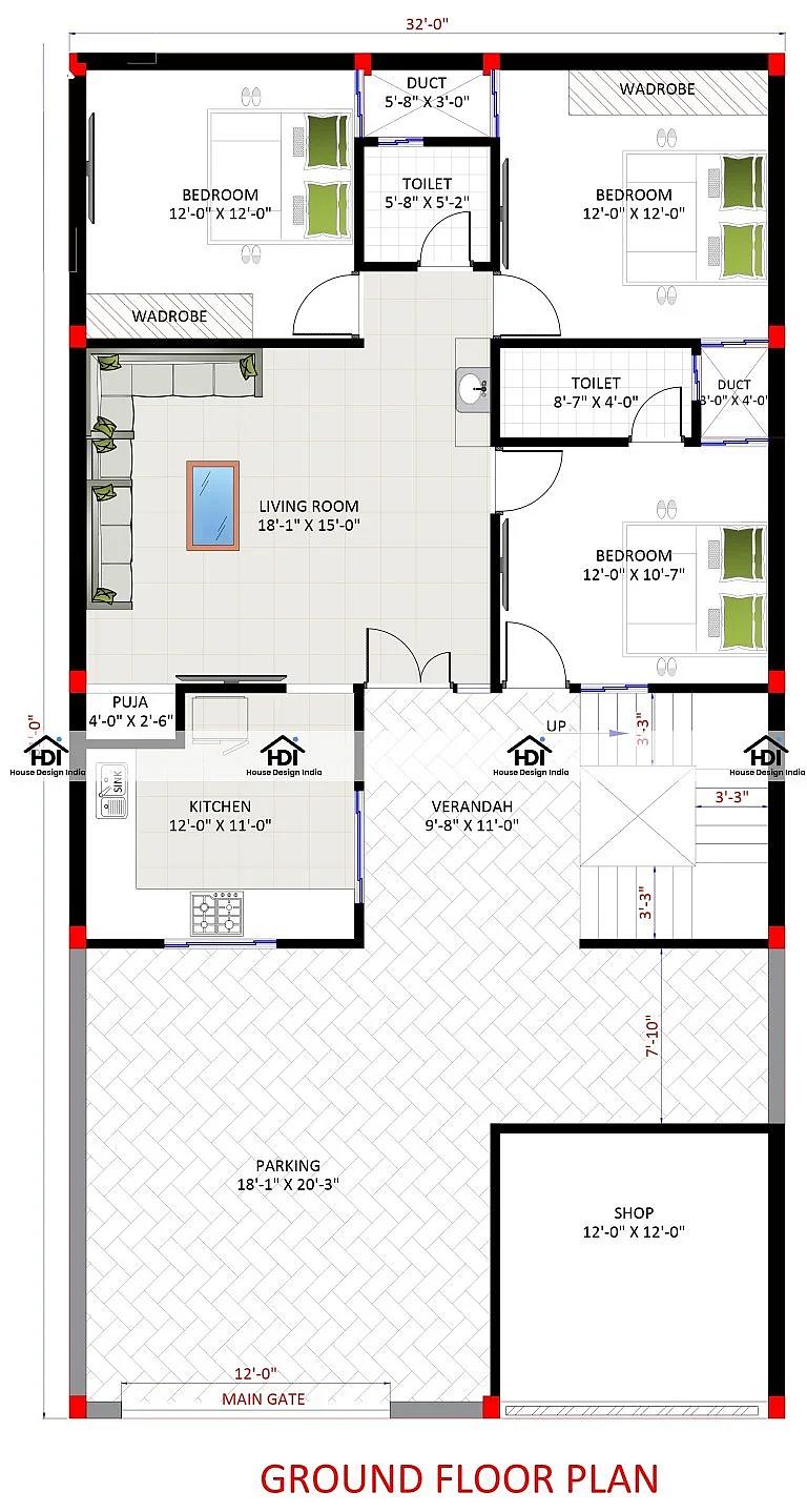 32X60 House With Shop Plan- 1920 sq ft Residential Cum Commercial House Design at Doda [J & K]