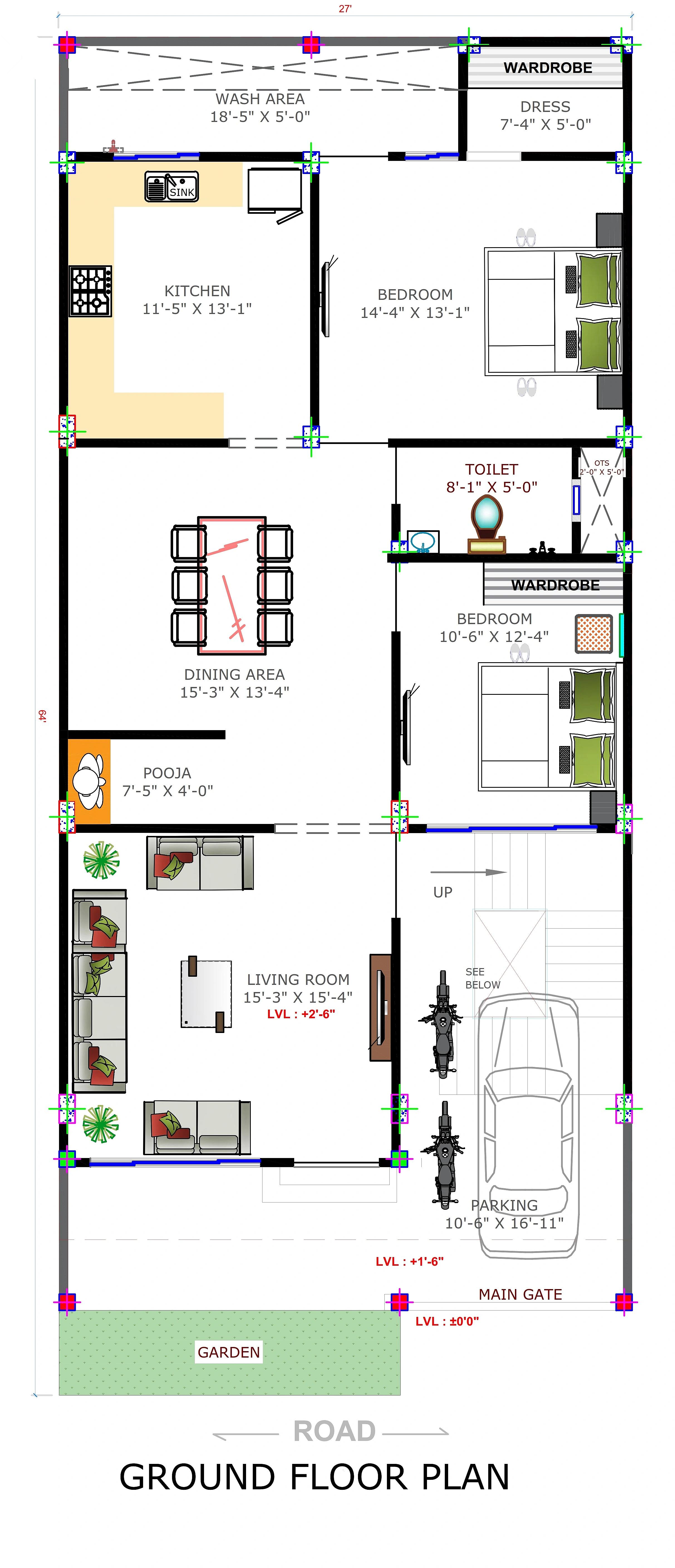 27X64 House Plan- 1728 sq ft Residential Cum Commercial House Design at Mohali thumbnail 4 — Project ID 7162