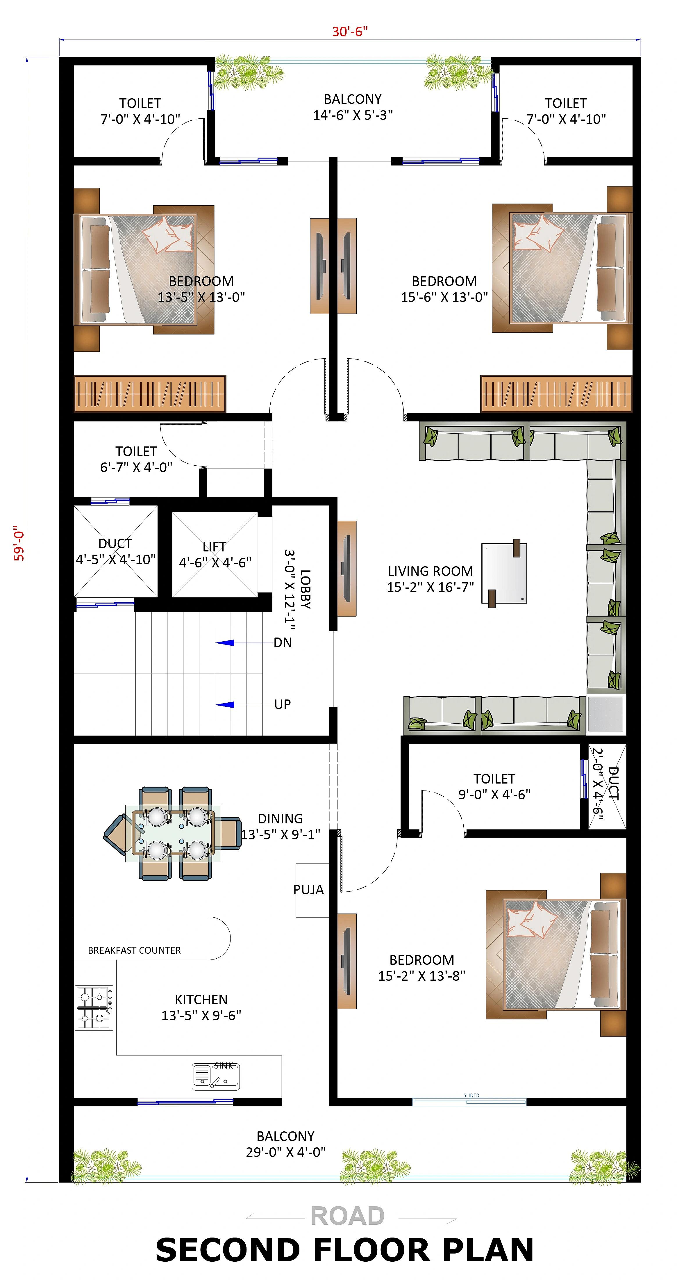 30X60 House Plan- 1800 sq ft Residential House Design at Gurgaon [HR]