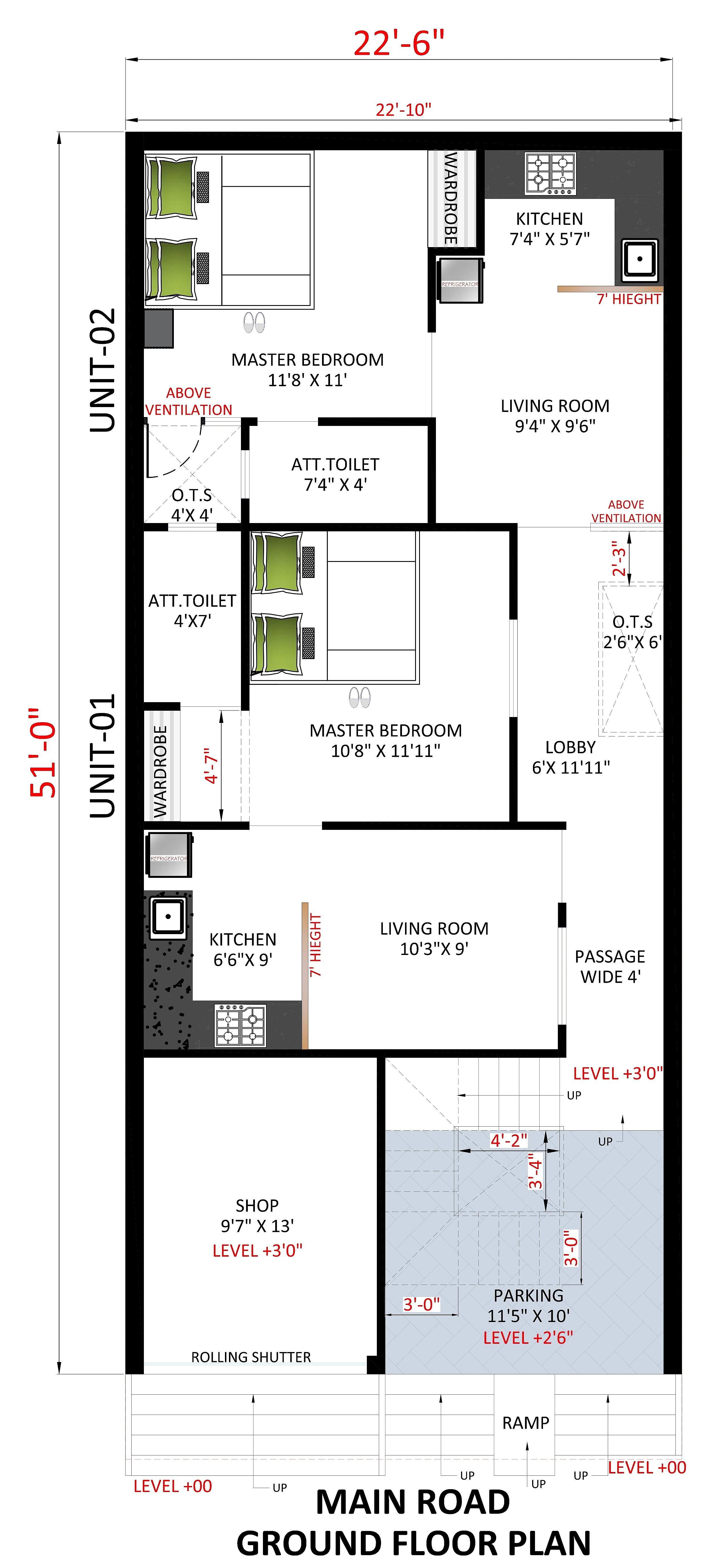 22X50 Rental House with Shop Plan- 1100 sq ft Residential Cum Commercial House Design at Prayagraj thumbnail 2 — Project ID 7169