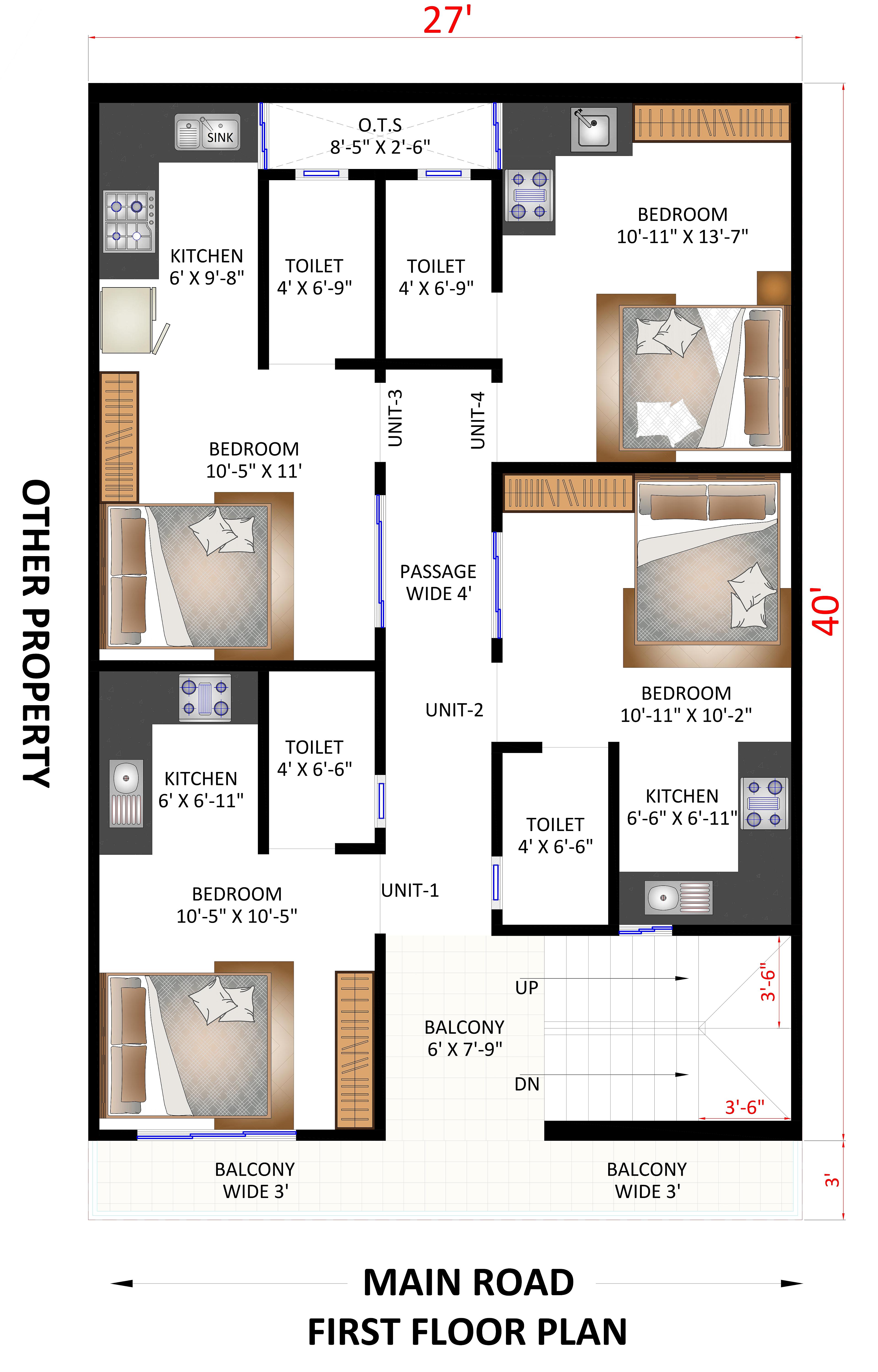 27X40 Residential House with Rental House Plan- 1080 sq ft Residential Cum Commercial House Design at Gurgaon [HR]