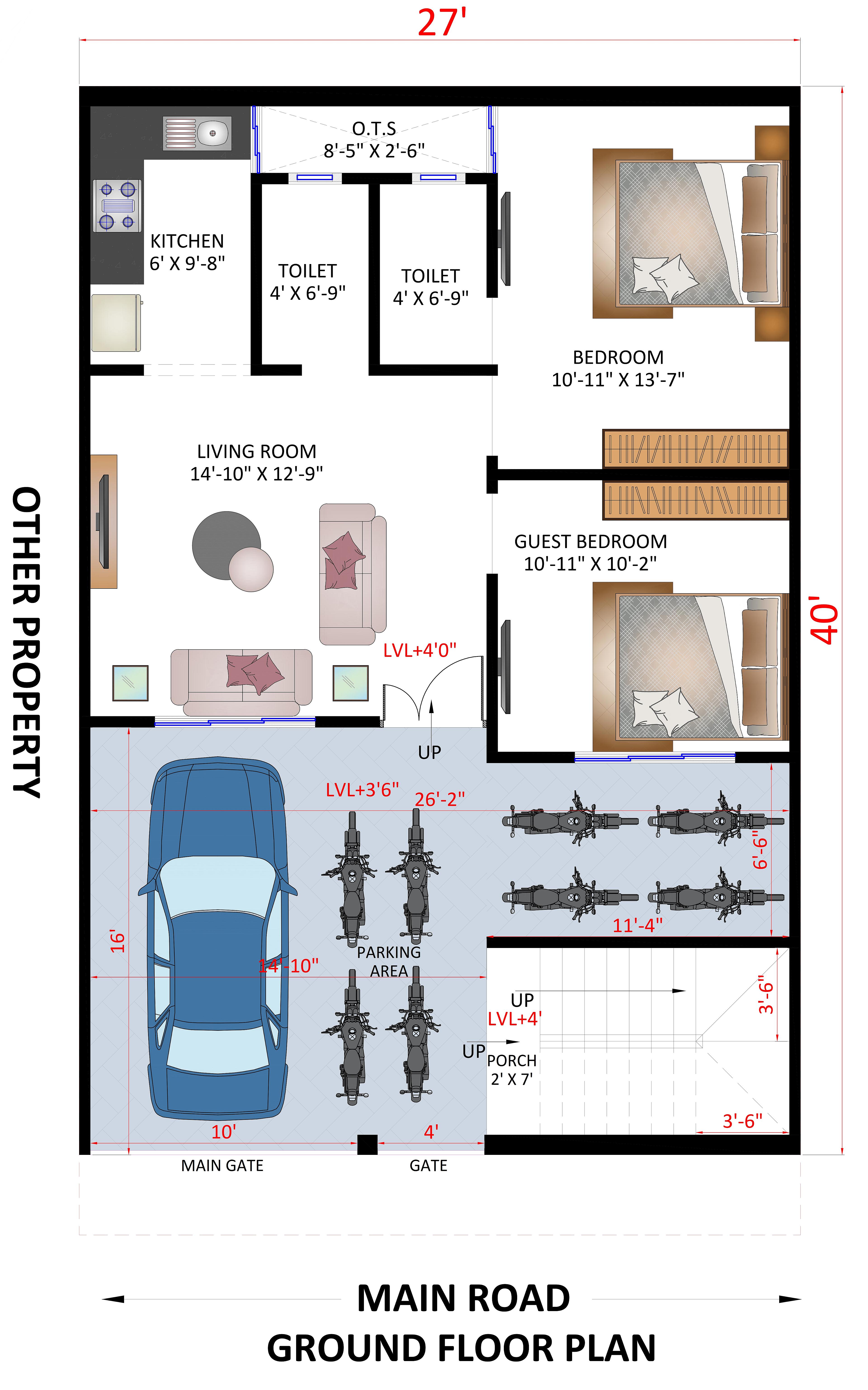 27X40 Residential House with Rental House Plan- 1080 sq ft Residential Cum Commercial House Design at Gurgaon thumbnail 2 — Project ID 7178