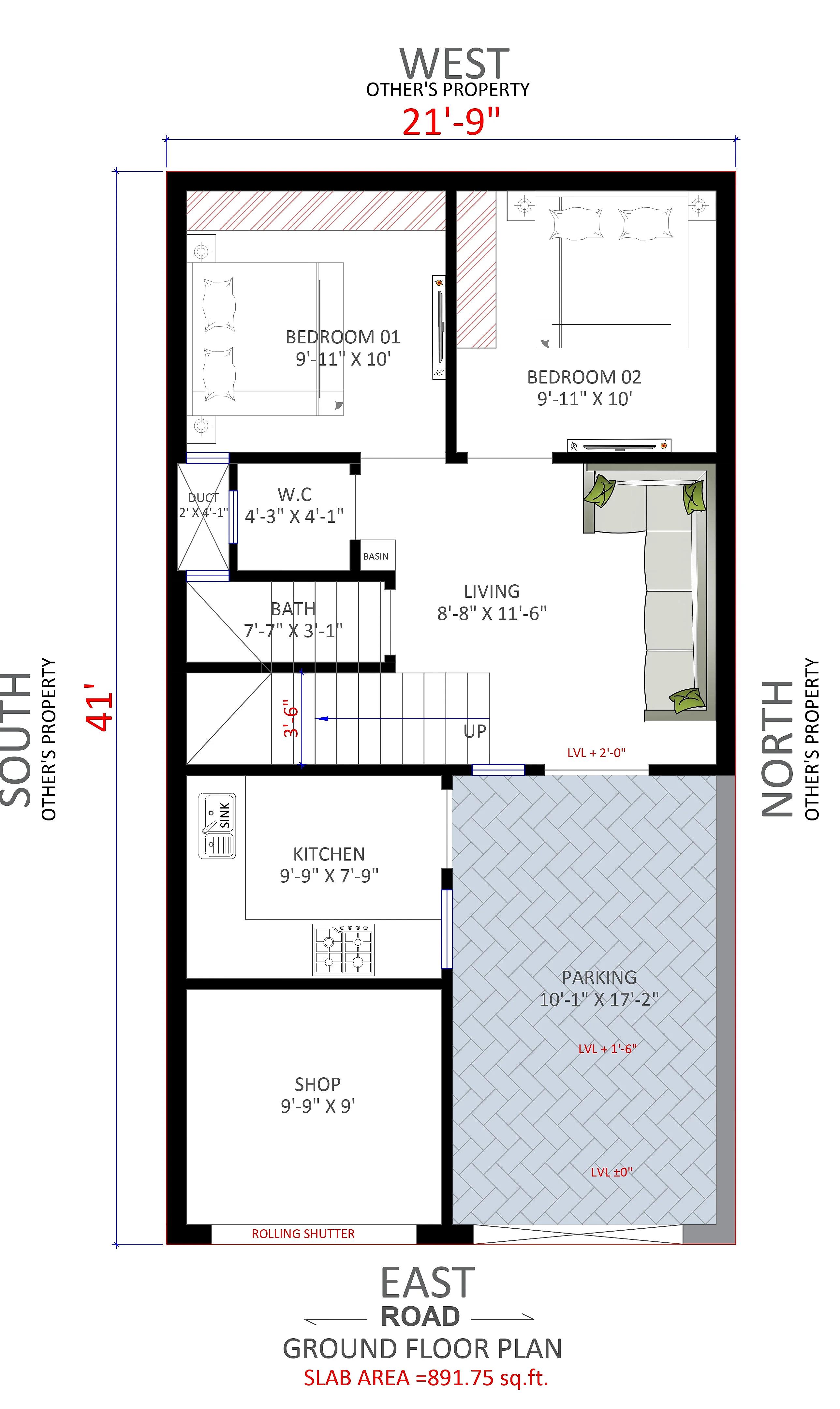 22X40 House With Shop Plan- 880 sq ft Residential Cum Commercial House Design at Asind [RJ]