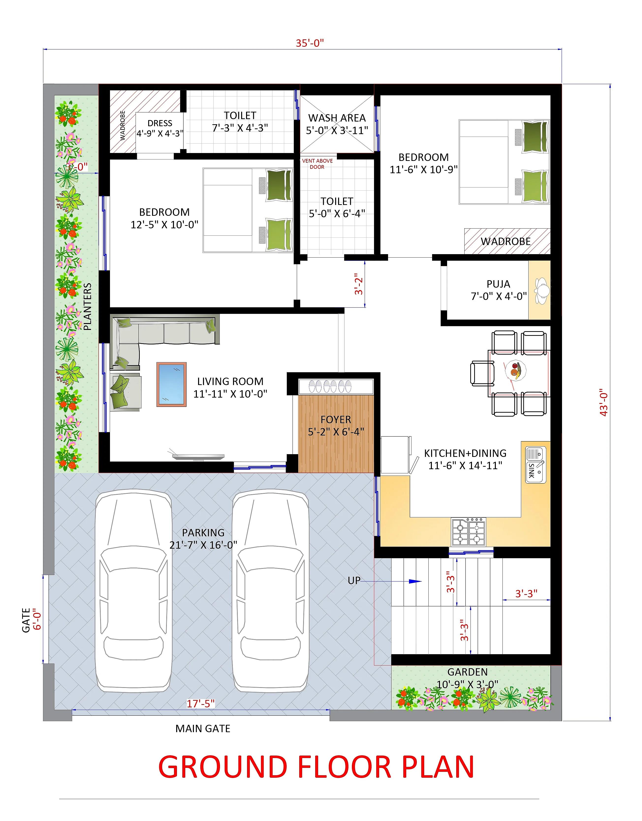 35X43 House Plan- 1505 sq ft Residential House Design at Varanasi — photo 1 — Project ID 7202