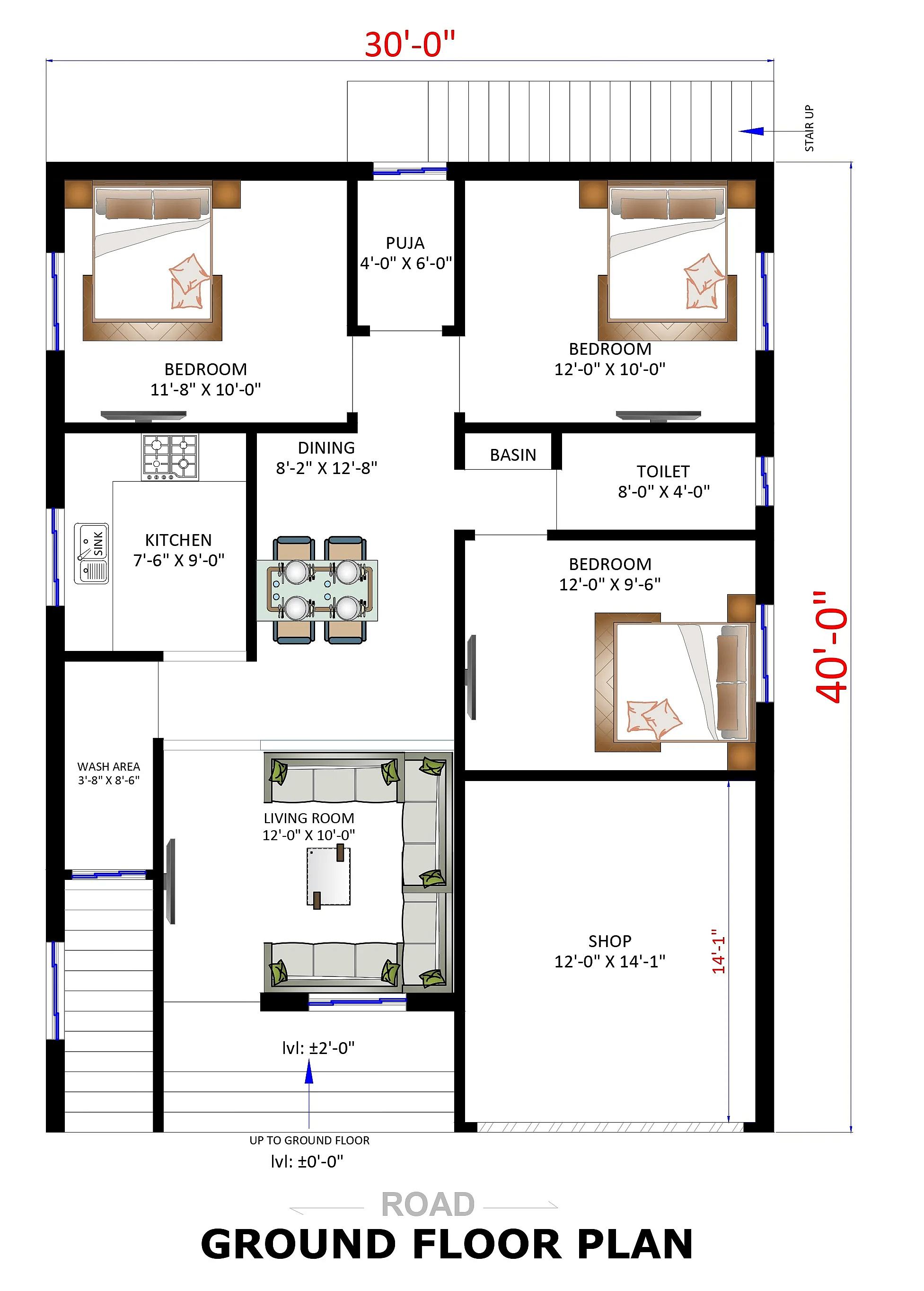 30X40 House With Shop Plan- 1200 sq ft Residential Cum Commercial House Design at Anuppur thumbnail 3 — Project ID 7209