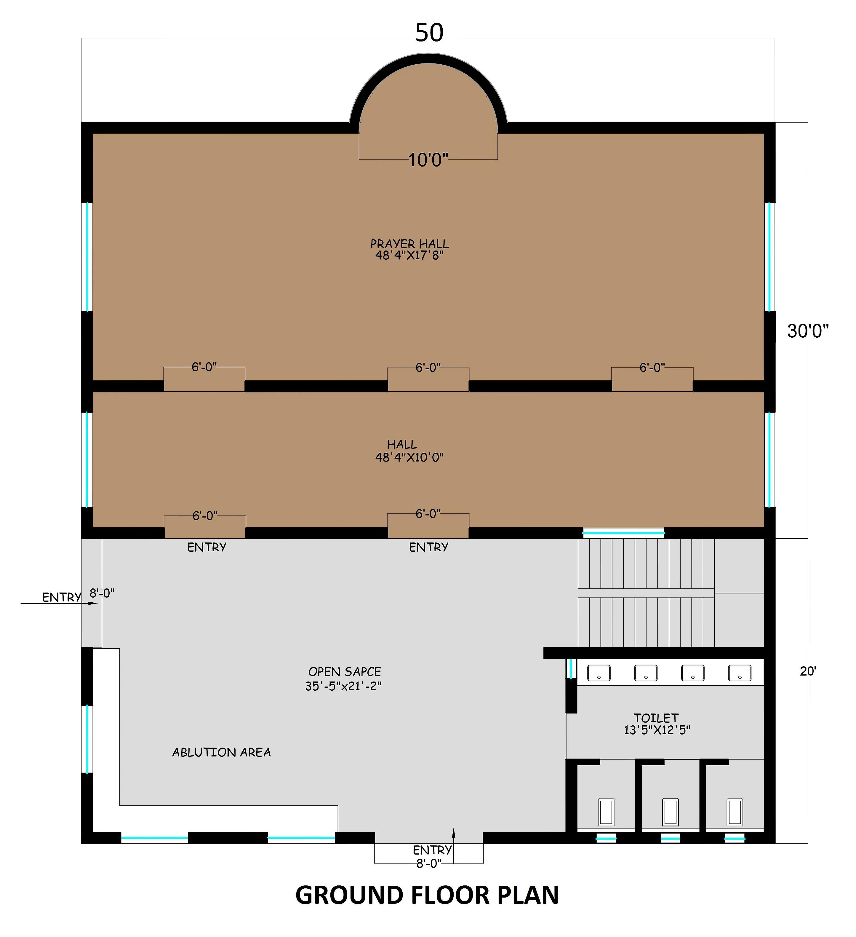 50X50 Masjid Plan- 2500 sq ft Religious House Design at Araria thumbnail 2 — Project ID 7233