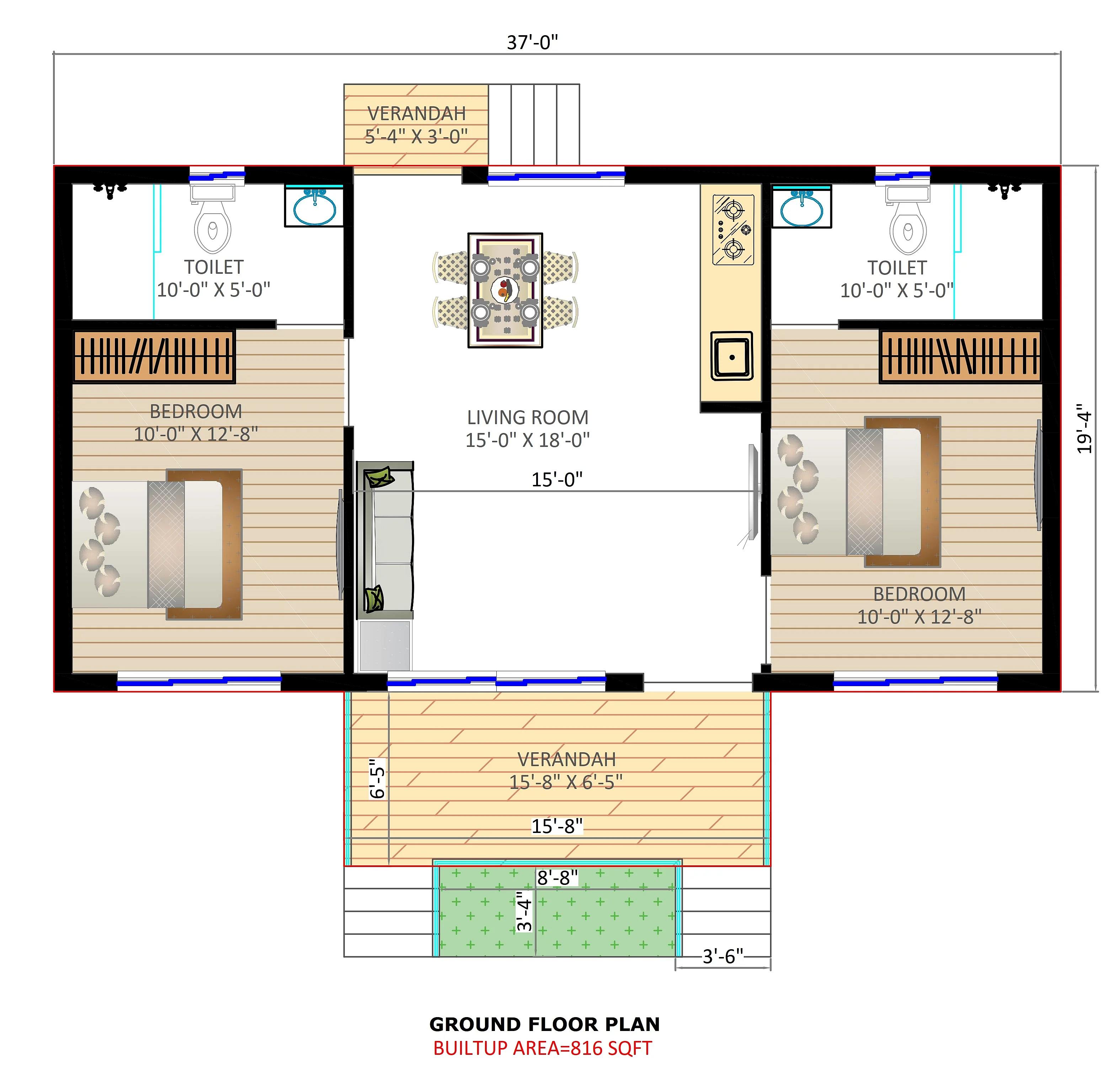38X25 House Plan- 950 sq ft Residential House Design at Bhopal thumbnail 2 — Project ID 7240