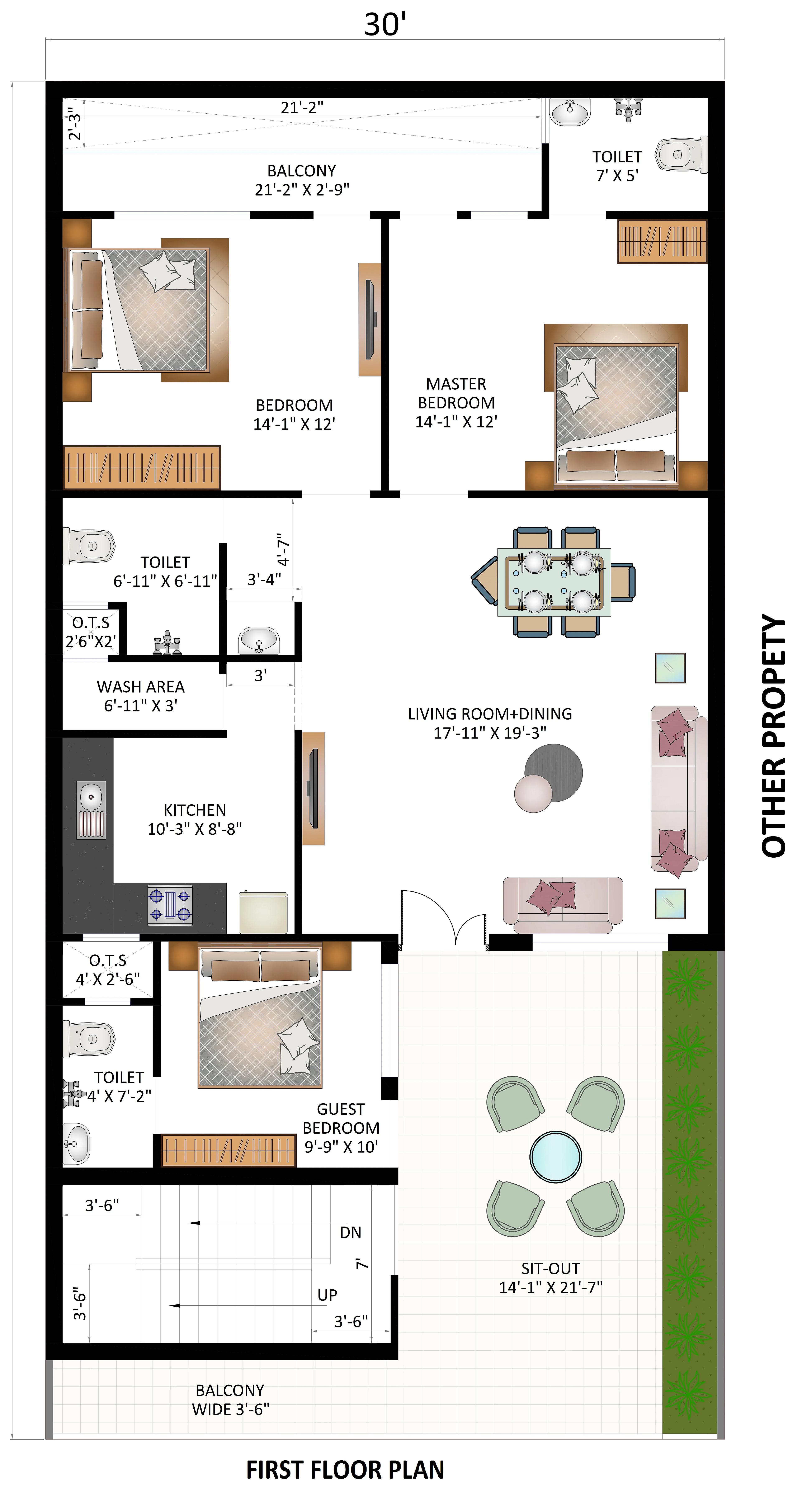 30X60 House Plan- 1800 sq ft Residential House Design at Kichha — photo 1 — Project ID 7241