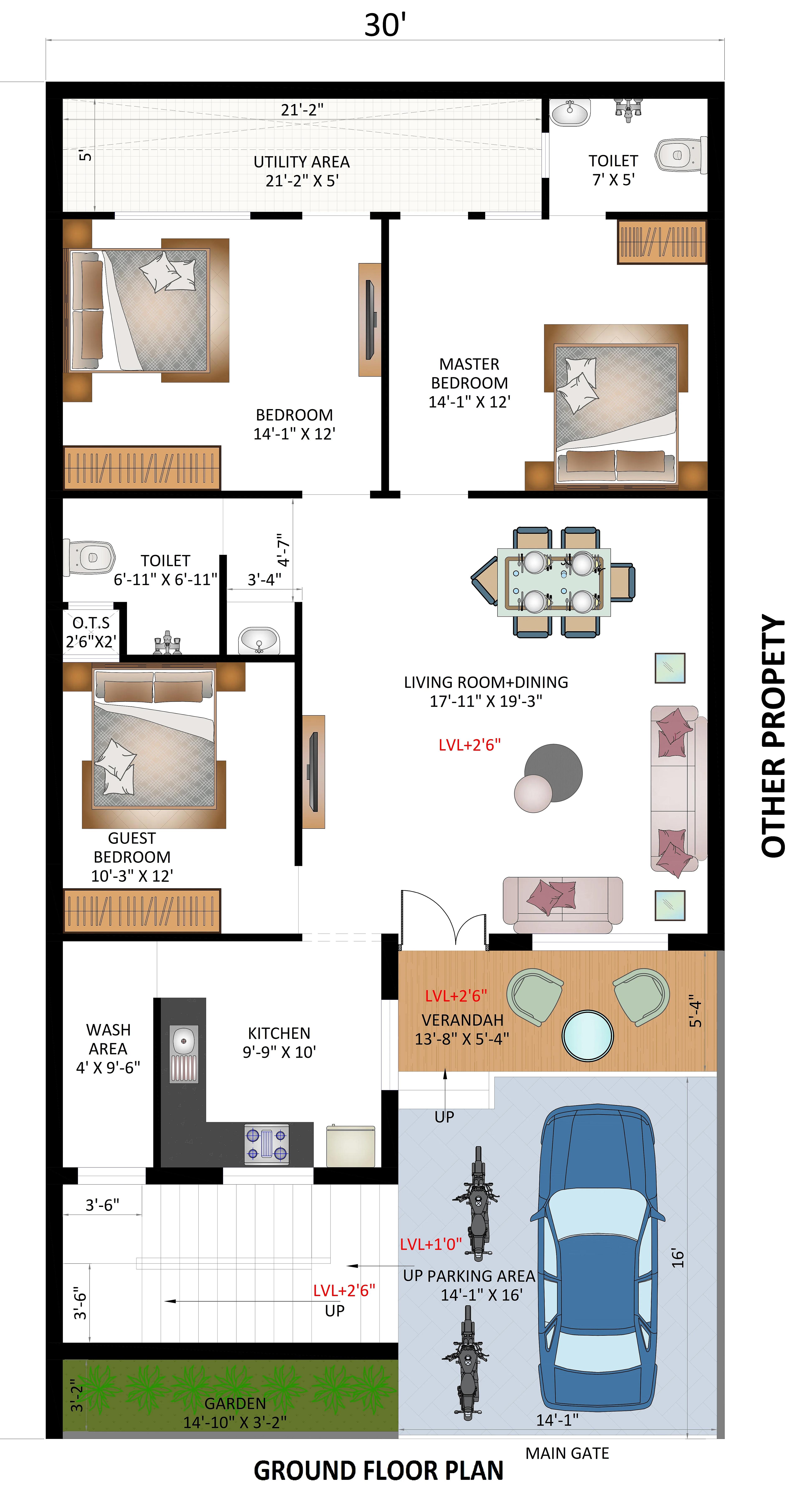 30X60 House Plan- 1800 sq ft Residential House Design at Kichha — photo 2 — Project ID 7241