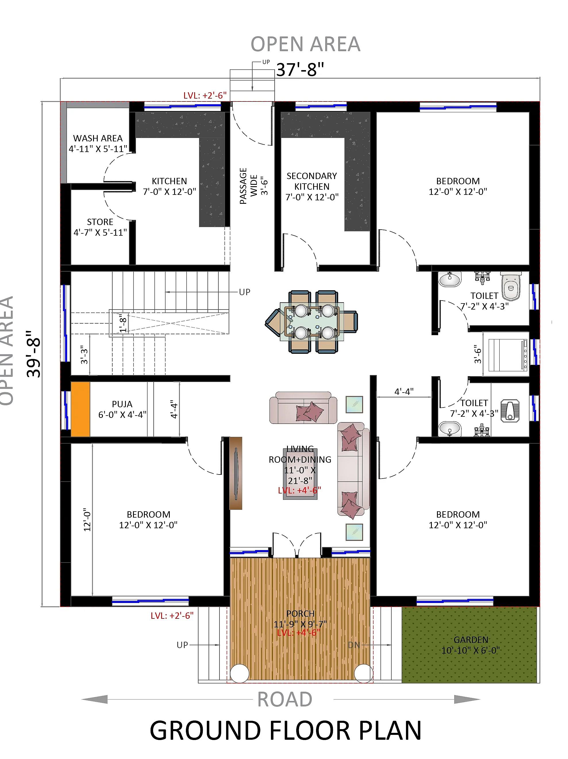 38X40 House Plan- 1520 sq ft Residential House Design at Kolkata thumbnail 3 — Project ID 7245