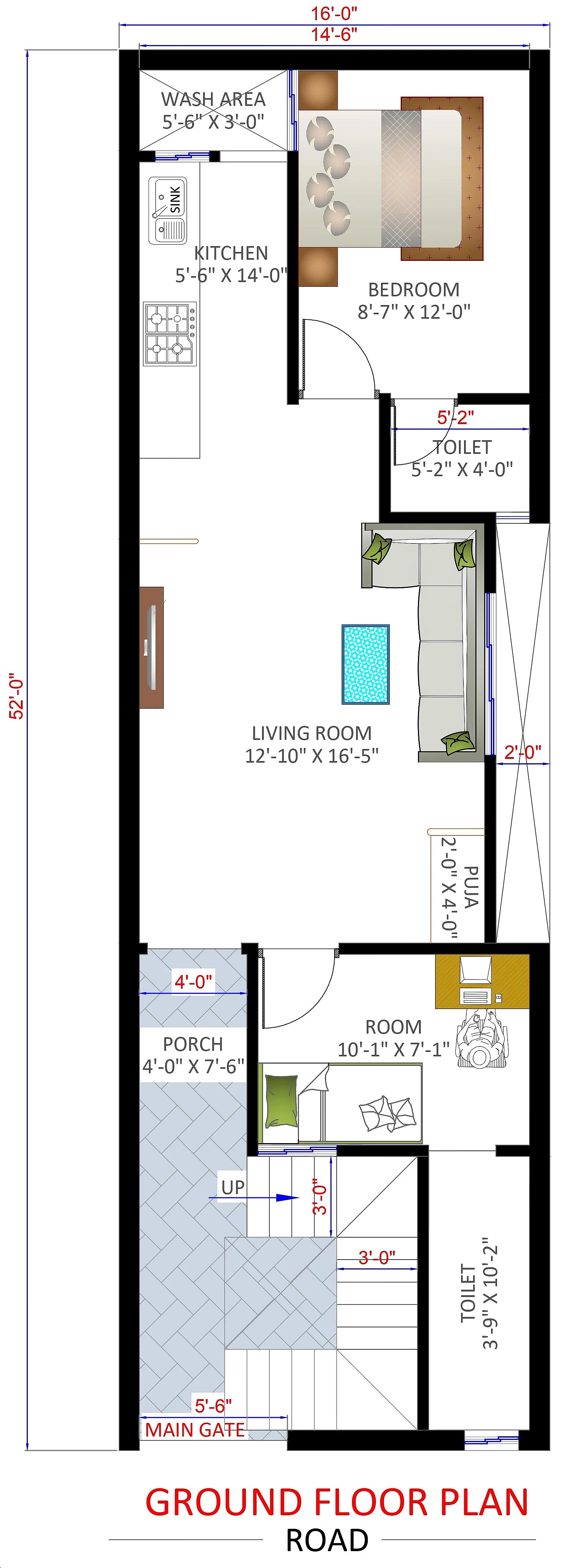 16X52 House plan- 832 sqft Residential house design At Chennai thumbnail 2 — Project ID 7253