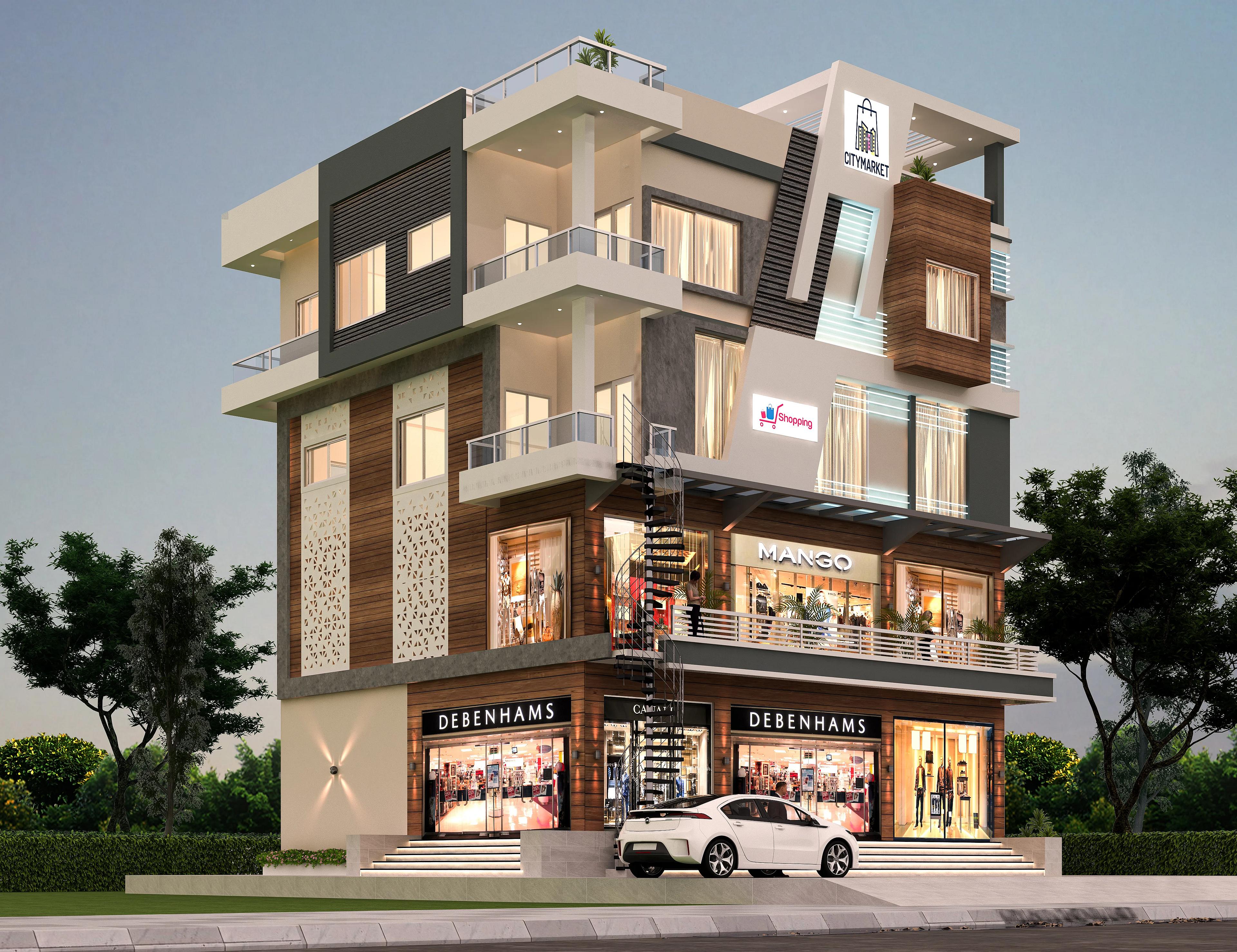 56X70 Shopping Complex With Residential House Plan- 3920 sq ft Residential Cum Commercial House Design at Anand — photo 1 — Project ID 7259