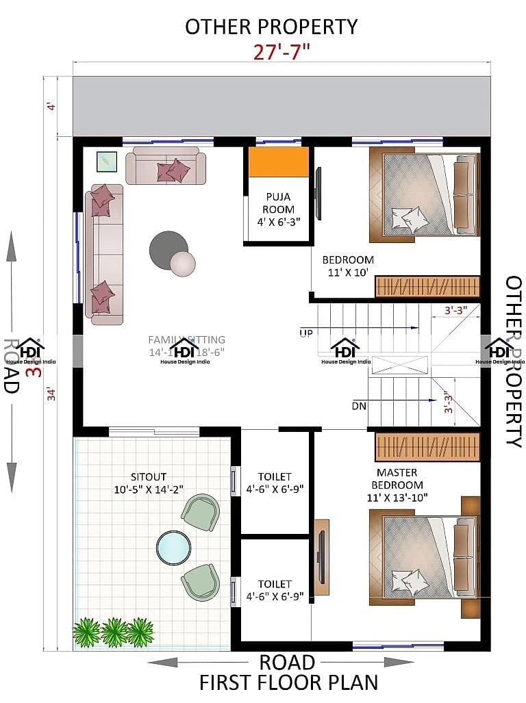 28X38 House plan- 1064 sqft Residential house design At Bhopal thumbnail 2 — Project ID 7279