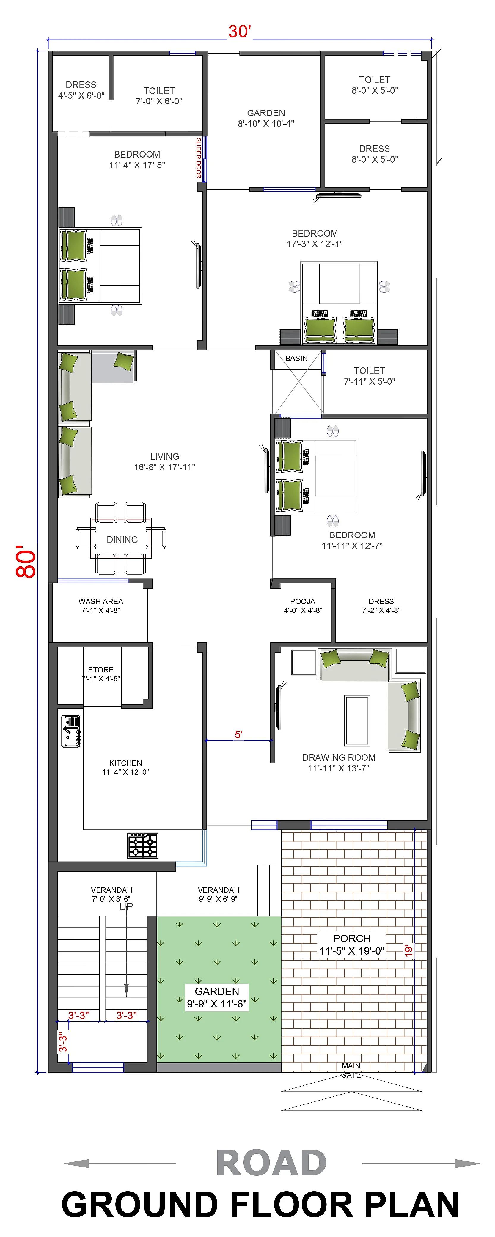 30X80 House Plan- 2400 sq ft Residential House Design at Bundi thumbnail 2 — Project ID 7286