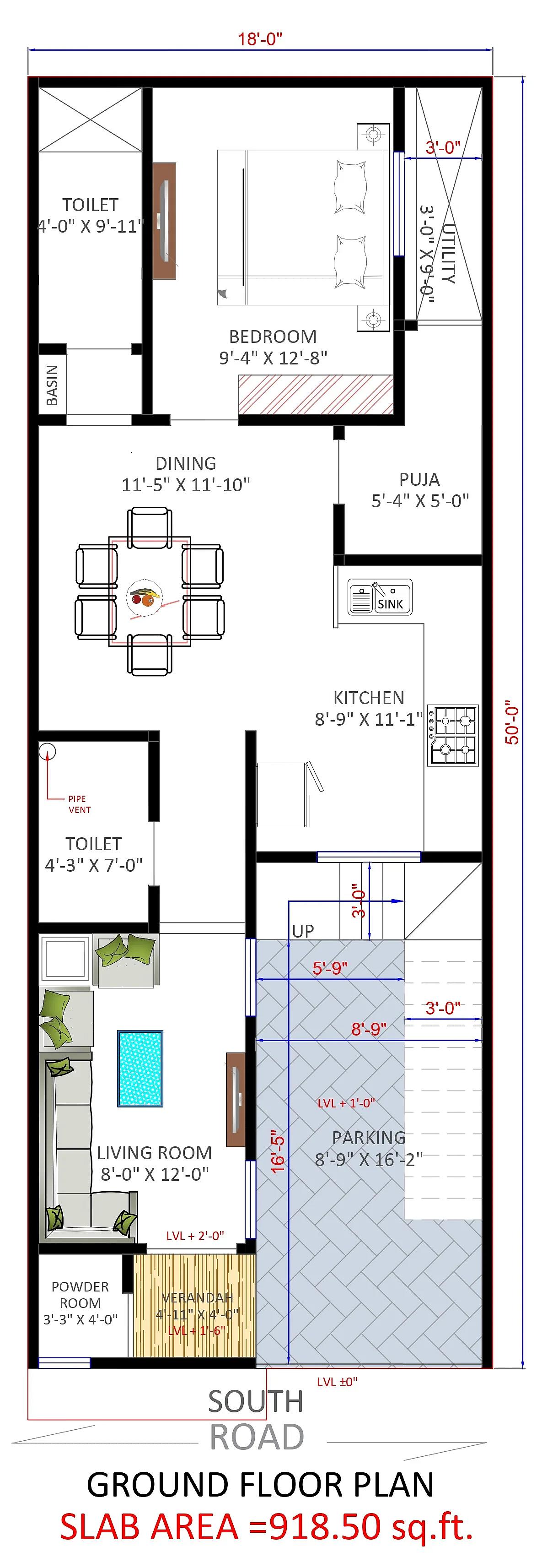 18X50 House Plan- 900 sq ft Residential House Design at Ludhiana thumbnail 2 — Project ID 7293
