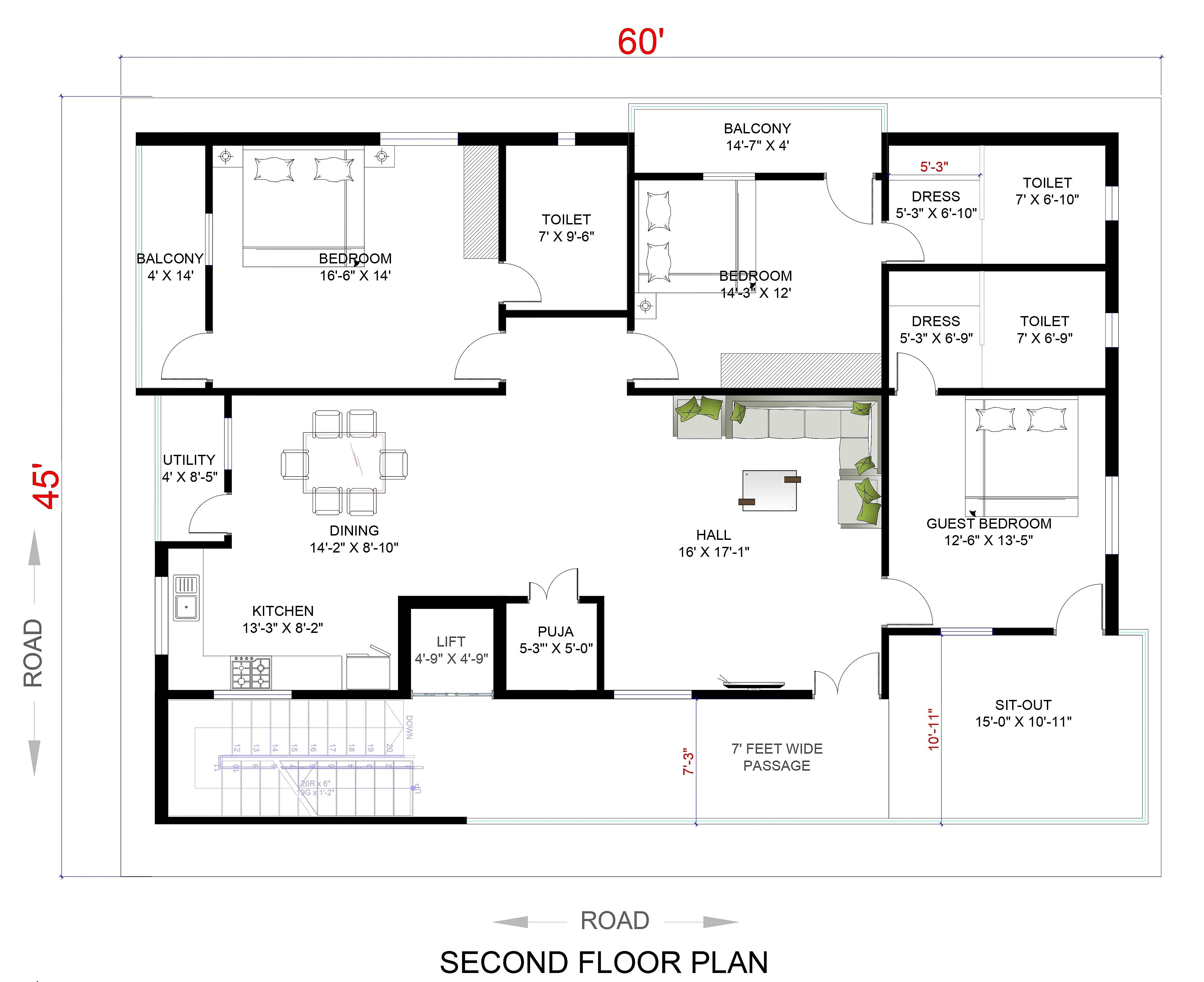 60X45 Residential House with Rental House Plan- 2700 sq ft Residential Cum Commercial House Design at Hyderabad thumbnail 3 — Project ID 7306