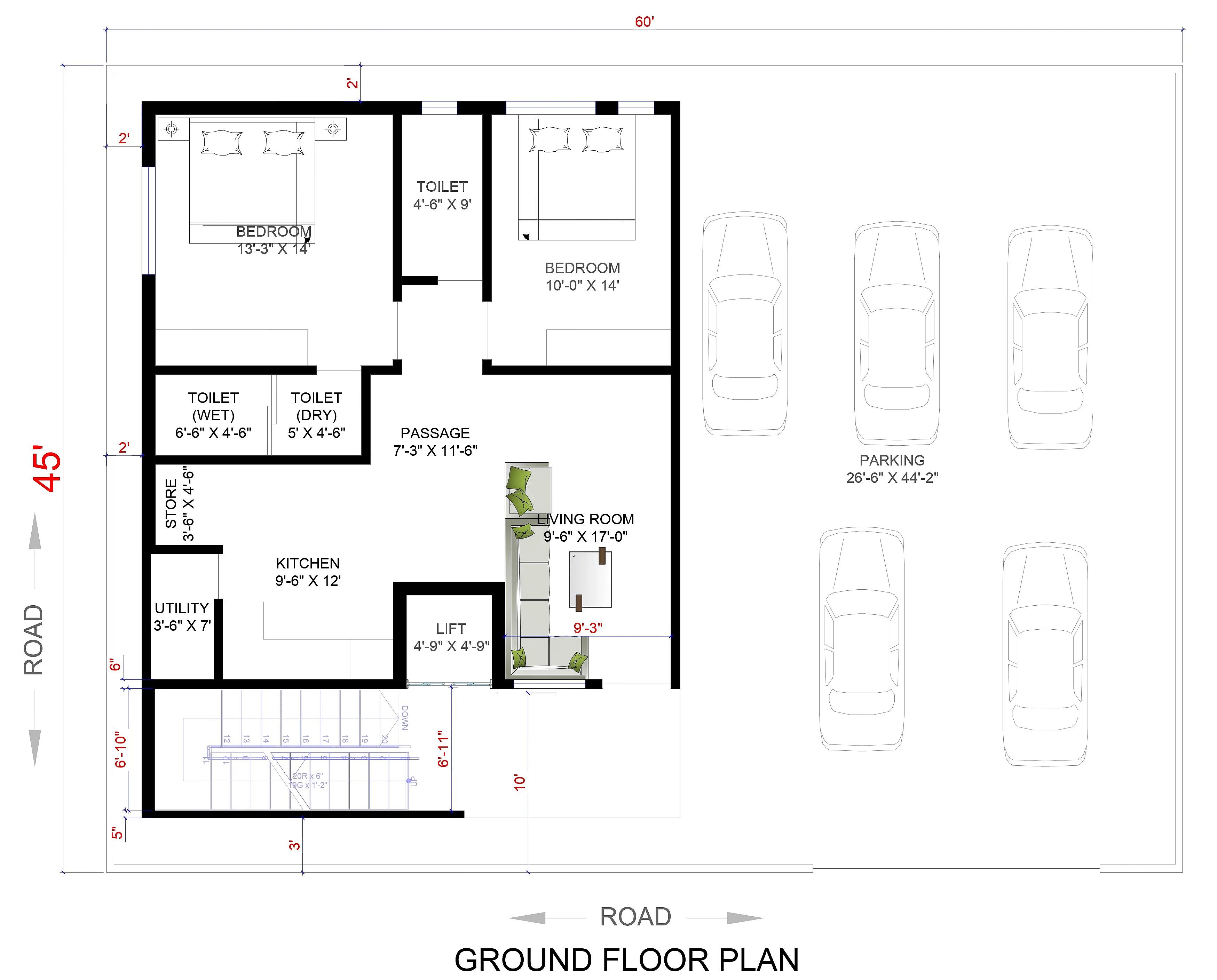 60X45 Residential House with Rental House Plan- 2700 sq ft Residential Cum Commercial House Design at Hyderabad thumbnail 5 — Project ID 7306