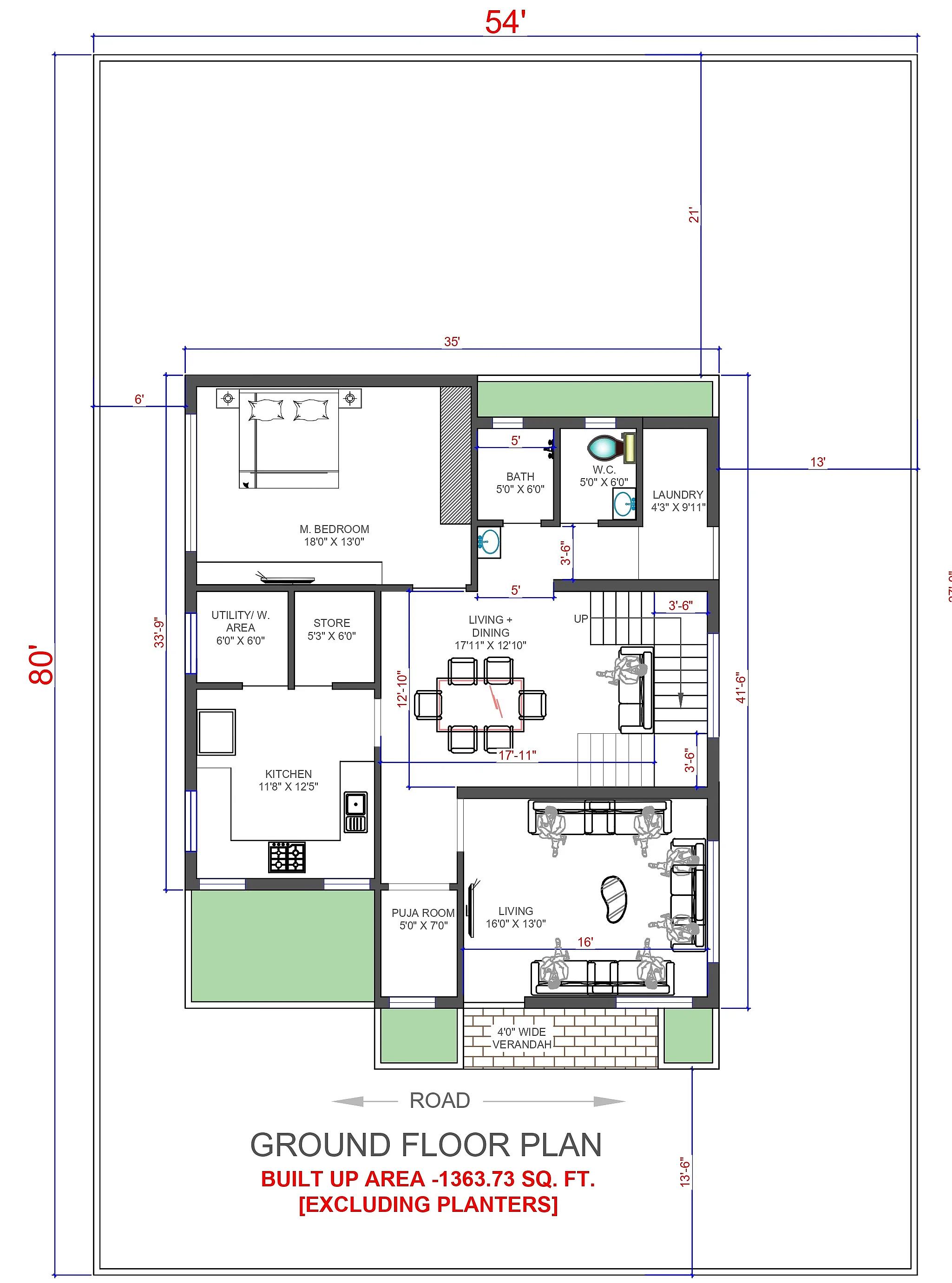 54X80 House Plan- 4320 sq ft Residential House Design At Hyderabad thumbnail 3 — Project ID 7307