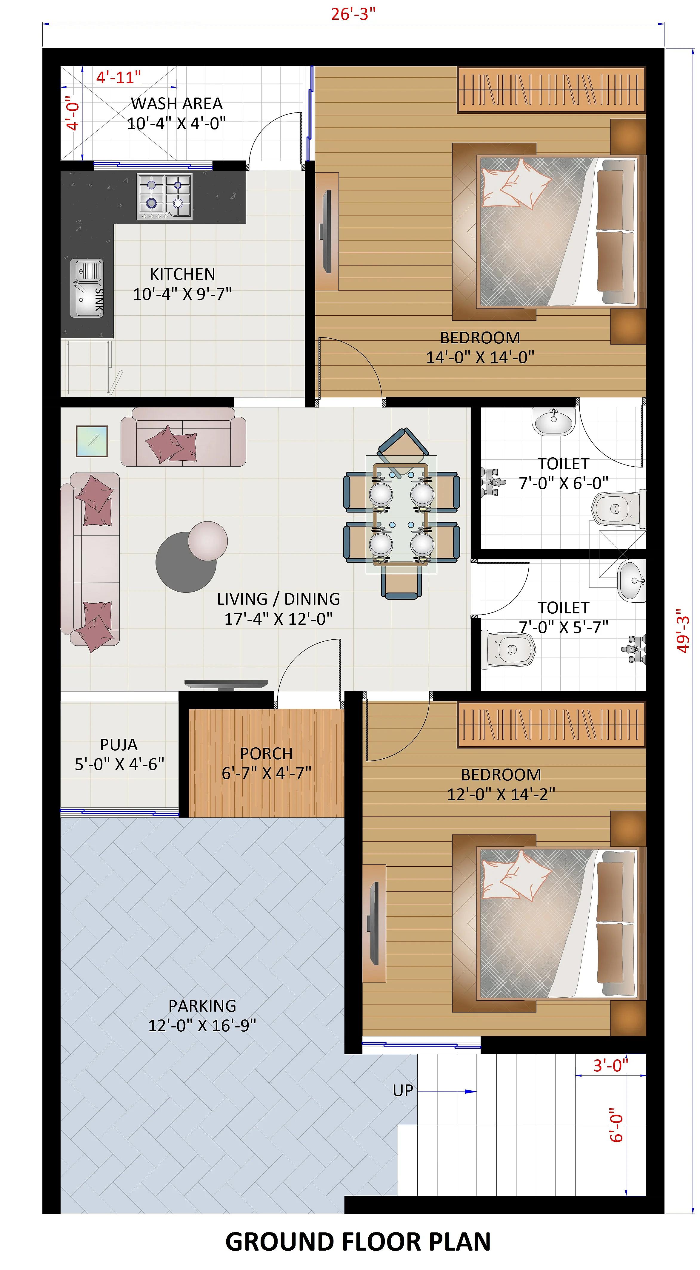 26X50 House Plan- 1300 sq ft Residential House Design at Mathura thumbnail 2 — Project ID 7309