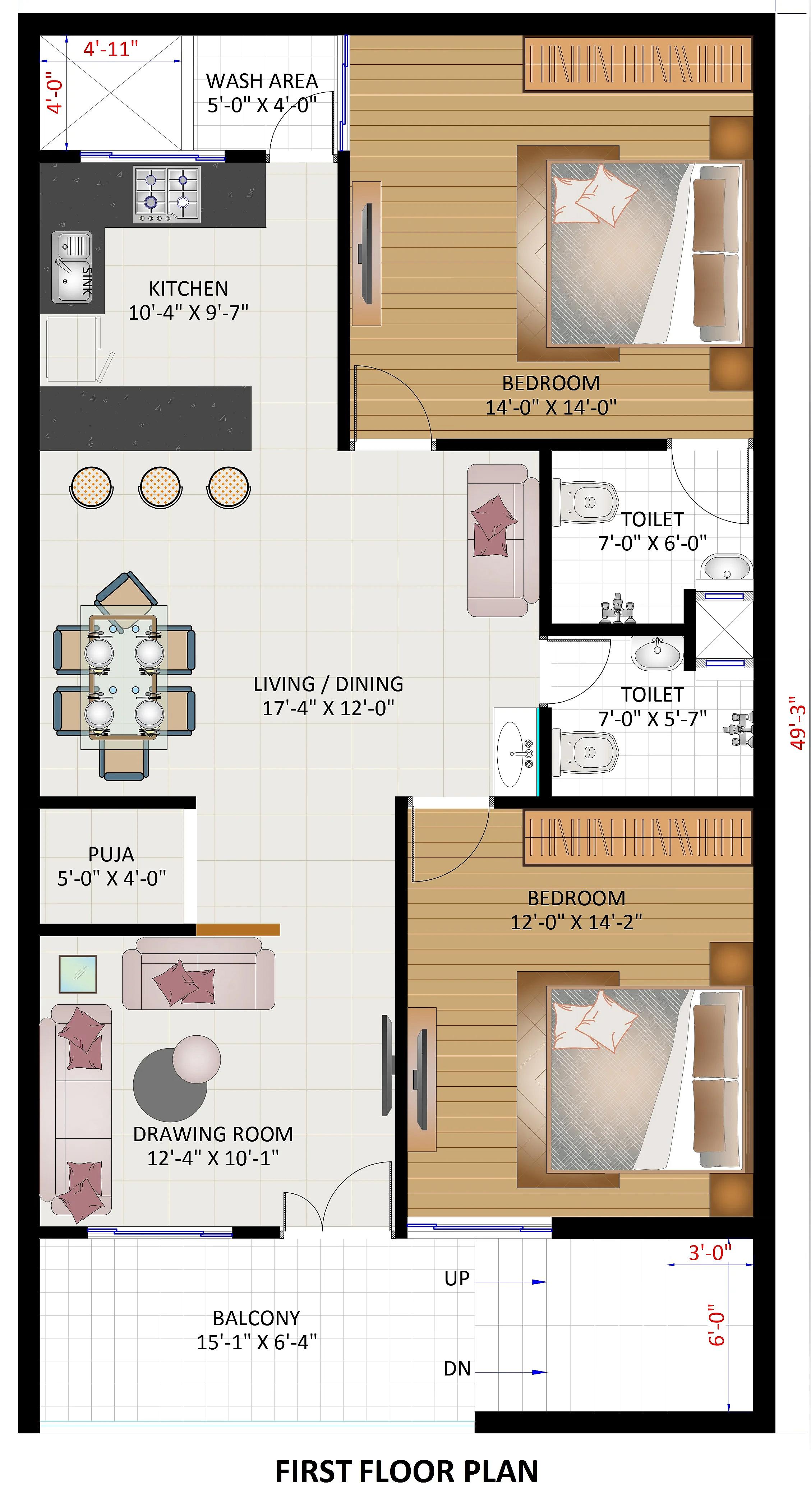 26X50 House Plan- 1300 sq ft Residential House Design at Mathura thumbnail 1 — Project ID 7309