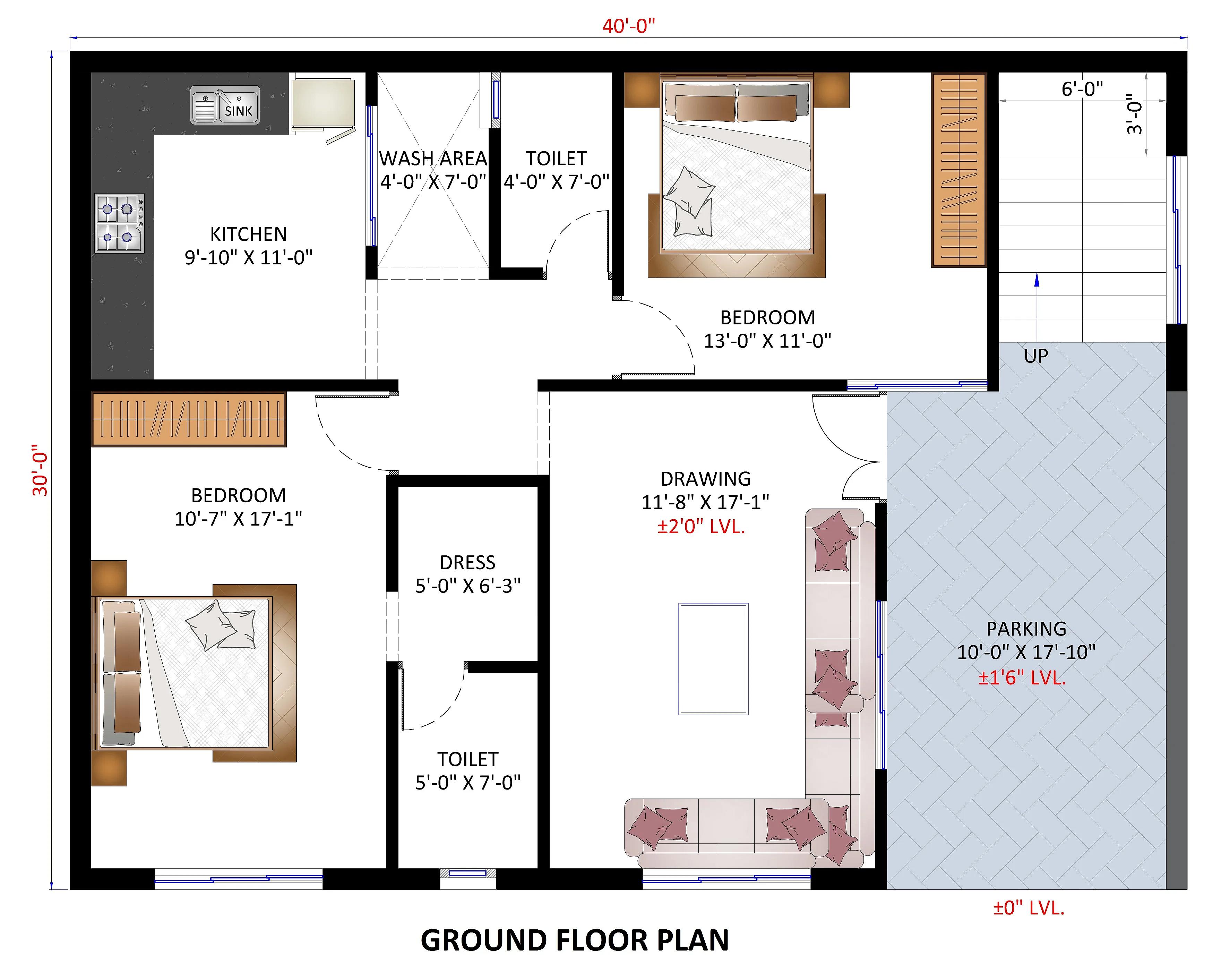40X30 House Plan- 1200 sq ft Residential House Design at Pune thumbnail 2 — Project ID 7316