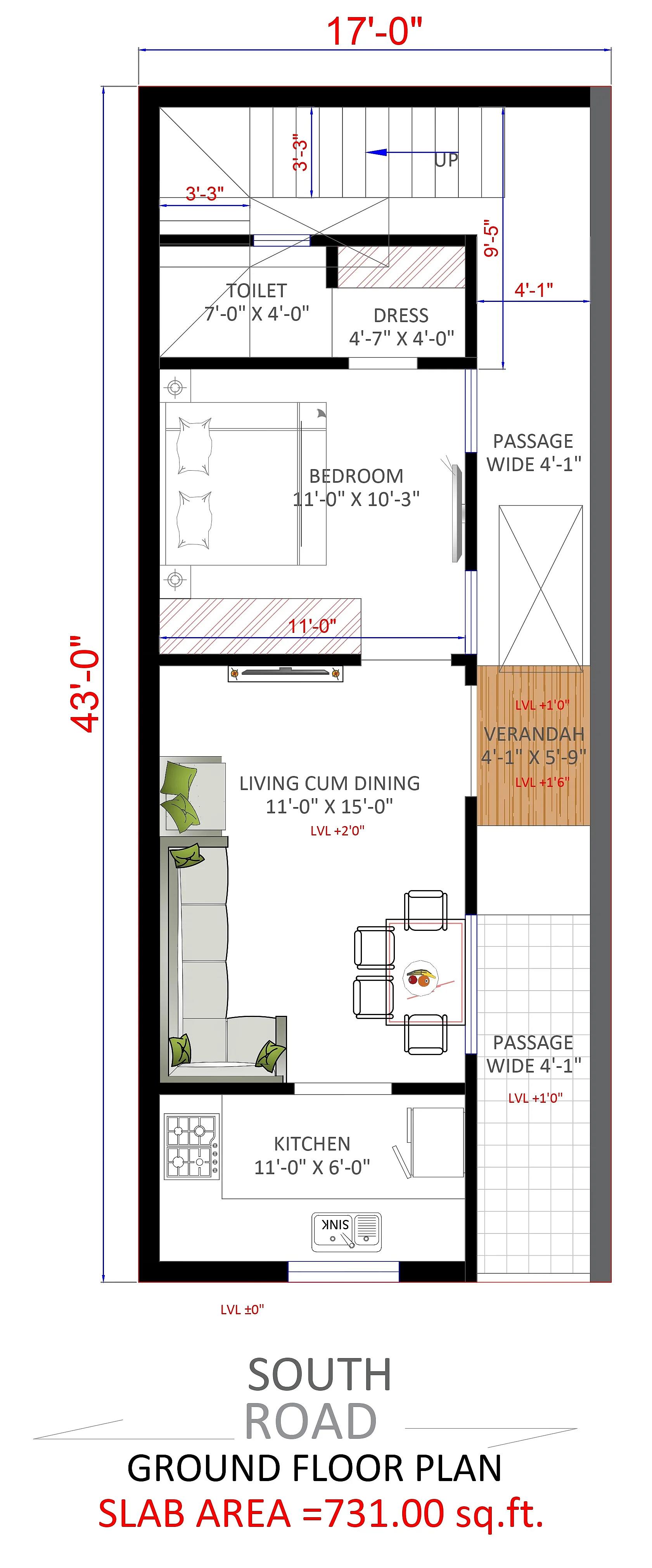 17X43 House plan- 731 sqft Residential house design At Kuppam thumbnail 3 — Project ID 7333